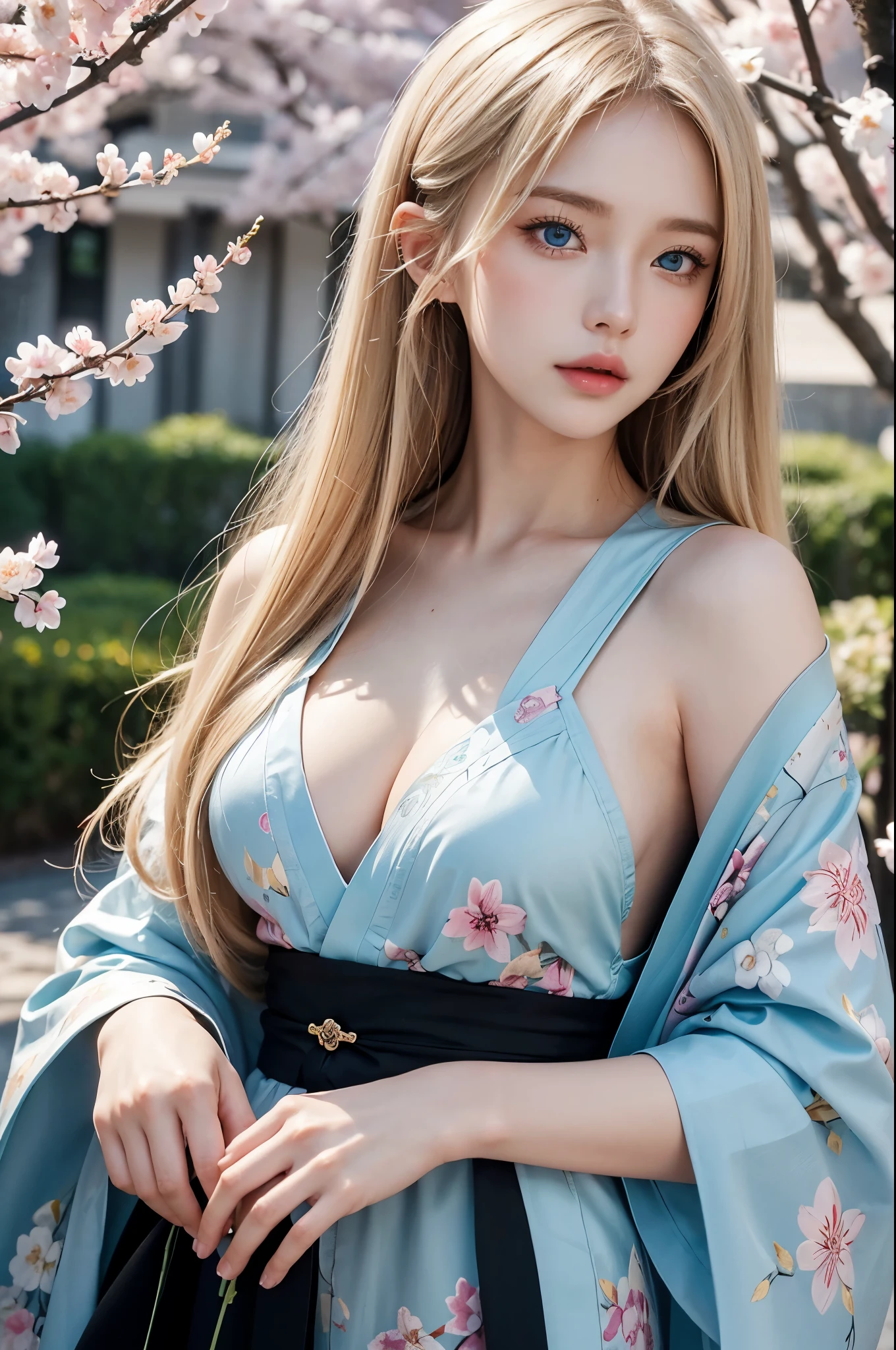 photorealistic, masterpiece, photorealistic, high resolution, soft light, hips up, blue eyes, charming Russian model Nata Lee, light blonde hair, long hair, black kimono, floral pattern, cherry blossoms.