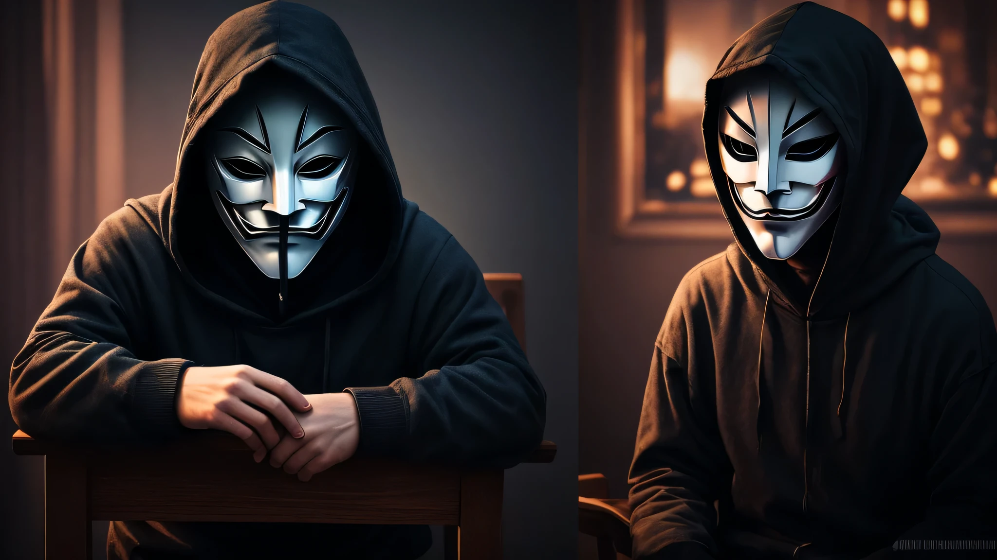 darkness dark web evil hacker, solo, close shots, using anonymous mask, dark art,obscure,4k sitting on a chair