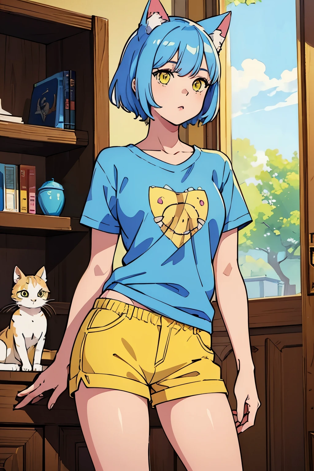 (Best quality:1.1), (Masterpiece:1.4), (Illustration fantastique:1.2), 1fille, cute girl, Short light blue hair, yellow eyes, cat ears, cat tail, yellow shirt, black shorts