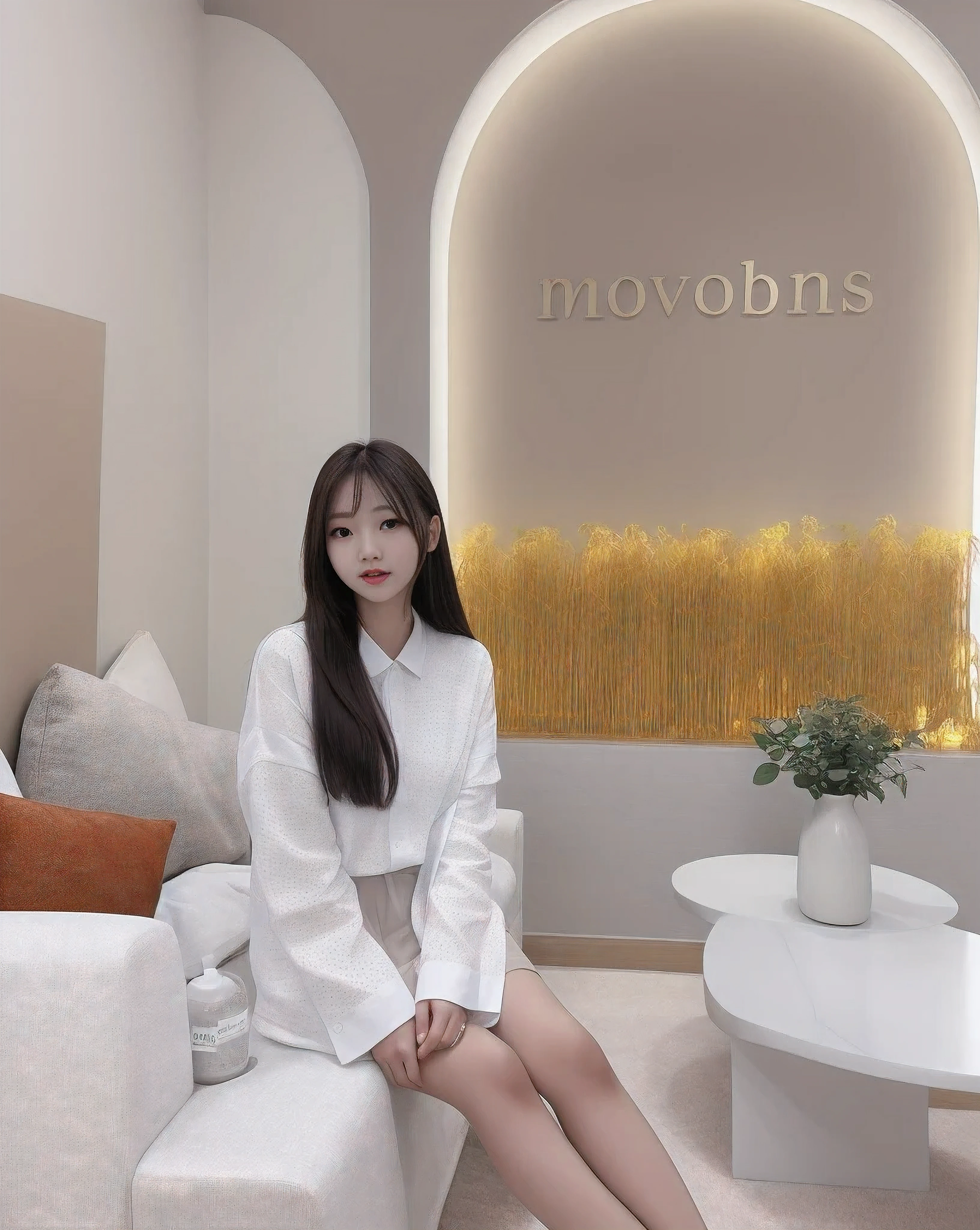 8k, original photo, lifelike, masterpiece, Super details, Singapore, Woman sitting on sofa in room with gray sofa, Long curly hair, meme, Nam Jae Hwa, Cui Xianhua, Huang Shishi, Enter smoothly _ background, Urzan, wenfei ye, # oak, #oak, Photo shoot for skin care brand, uneven, Bae Xiuzhi, mingchen shen, Wear light-colored clothing