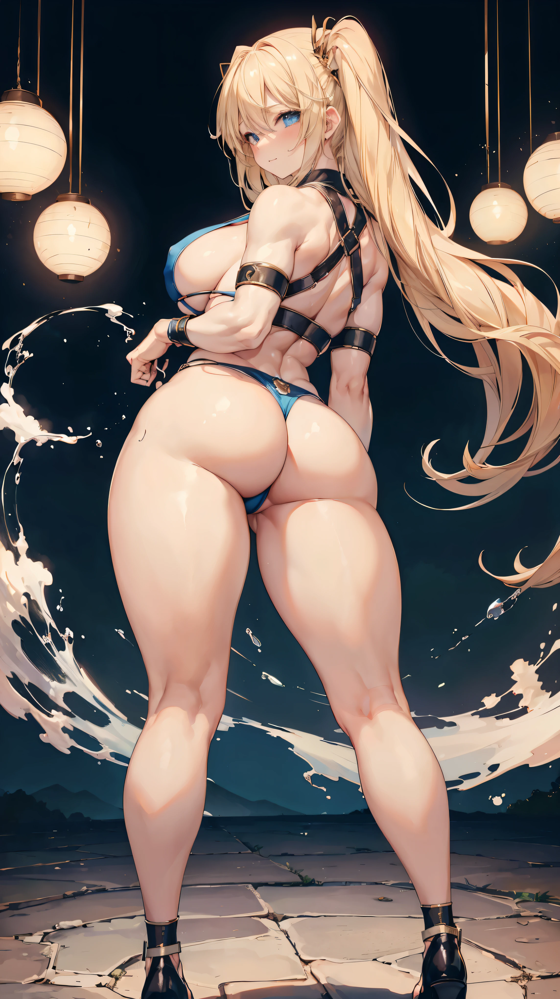 sensual, long blonde hair, thick thighs, 8k, 4k, highest quality, High resolution:1.2), cute anime face, noise reduction, shining blue eyes, gentle smile, kind eyes、toned abdominal muscles, muscular arms, muscular legs, young face, anime eyes, (((、A chest that is about to burst)))、(((bondage sty((Rear view、I'll turn around、emphasize the buttocks、T-back sobites into your butt)))