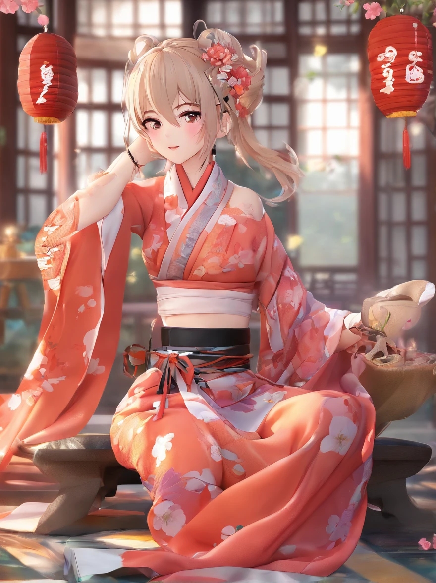 masterpiece, best quality, highres, 1girl, blonde hair, medium hair, asymmetrical hair, floating hair, hair between eyes, high ponytail, sidelocks, hair ornament, fish hair ornament, tassel, kanzashi, bangs, orange eyes, open mouth, smile, teeth, upper teeth only, choker, red choker, pendant choker, butterfly choker, collarbone, tattoo, chest tattoo, flower tattoo, cleavage, medium , thighs, bandages, bandaged leg, sarashi, budget sarashi, chest sarashi, black sash, hadanugi dousa, houkisei, japanese clothes, kimono, kinchaku, obi, obiage, obijime, orange kimono, pouch, print kimono, rope, sash, shimenawa, short kimono, single bare shoulder, vision (genshin impact), east asian architecture, cherry blossoms, full body, squatting, sparkler, night, firework, holding firework, legs together, feet, single glove, single fingerless glove, wristband, black socks,