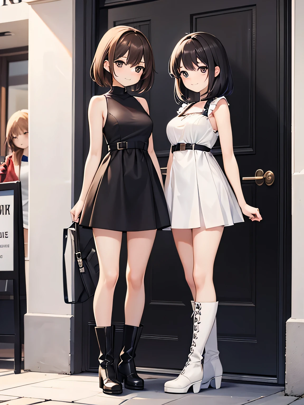 (1) Two women are standing in front of a stylish cafe.
(2) The first woman is a -yeld hischool student with a childish appearance., short black hair, Wearing a mini dress and long boots.
(3) The second woman is a 22-year-old college student with a mature appearance., long brown hair, wear tights, Body conscious mini dress and long boots.
(4) two women smiling.
(5) The season is early autumn.