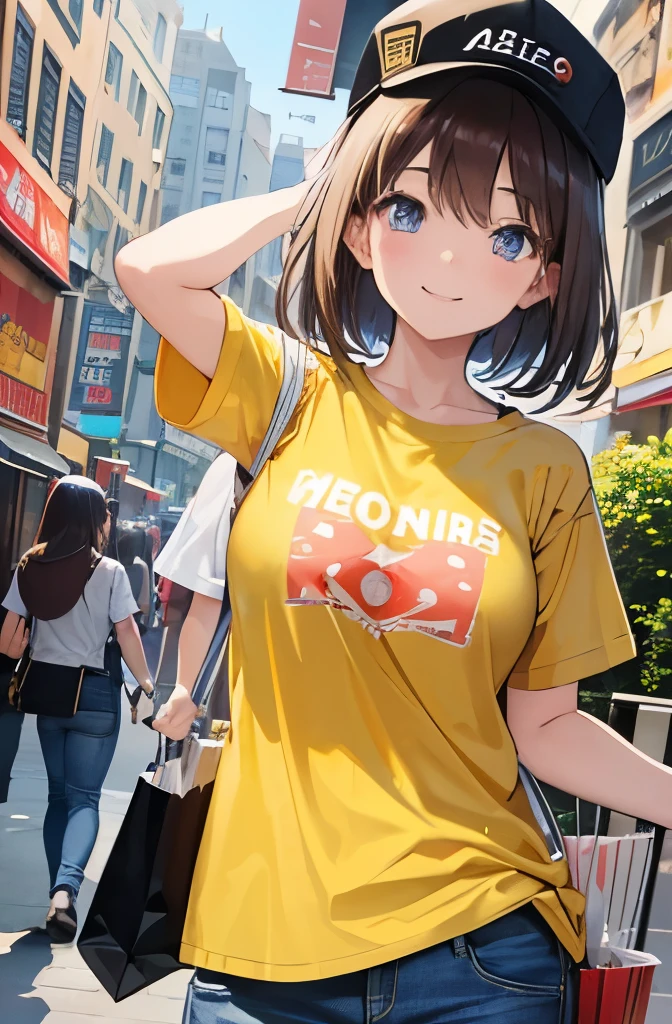 8K, best quality, master piece, ultra-detailed, jeans、Tshirt、smile、bright、fine、brown hair、looks fun、medium breasts、Shopping Street、cap