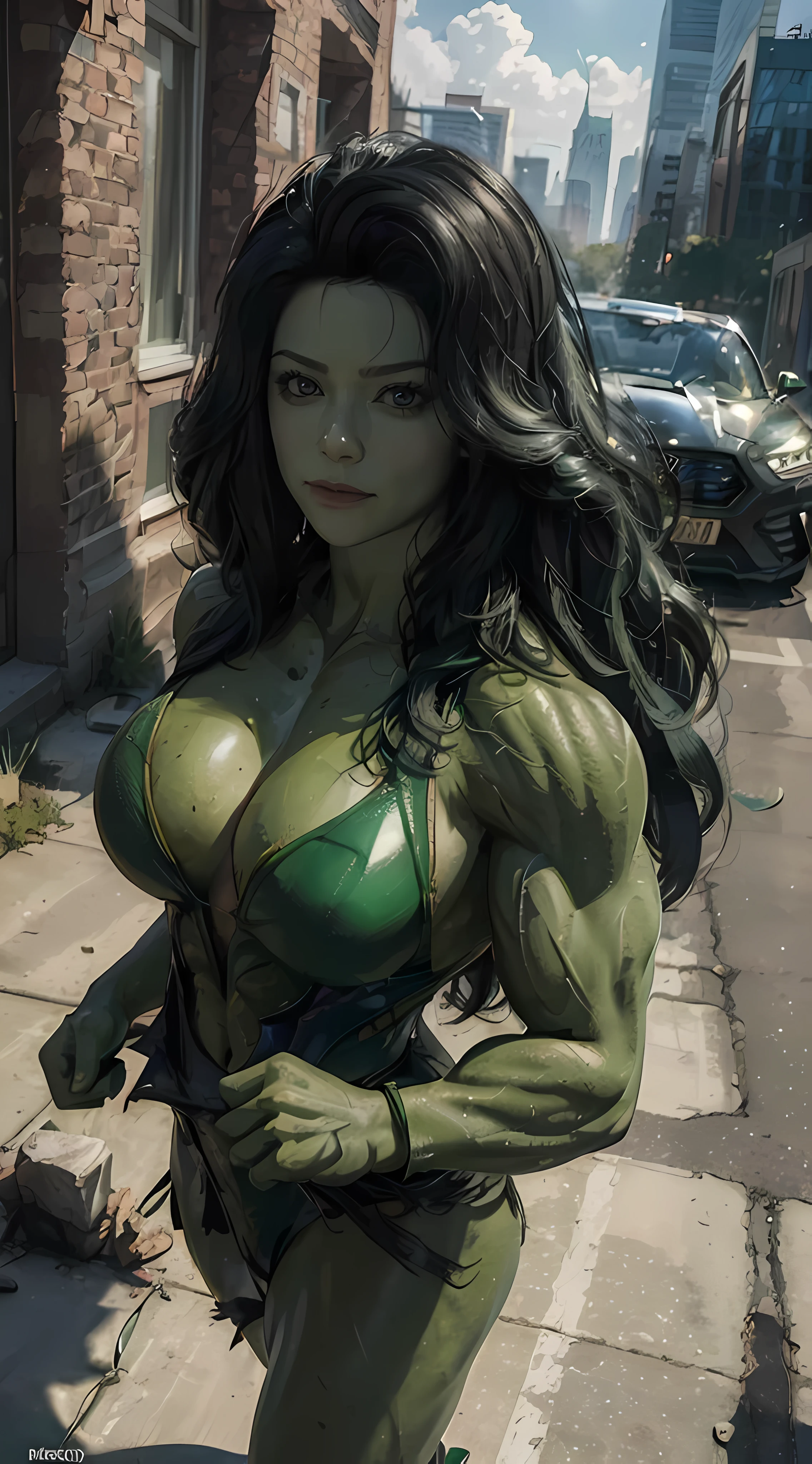 best quality,4k,8k,highres,masterpiece:1.2,ultra-detailed,(realistic,photorealistic,photo-realistic:1.37),beautiful detailed eyes,beautiful detailed lips,extremely detailed eyes and face,longeyelashes,1girl, Jennifer Connelly as HULK, green body skin,green costume, fierce expression, (growling), ((((Muscular Quadriceps)))), (((Massive Female Bodybuilder))), black hair, Marvel superheroine,emerald hue,glowing green eyes,smashing through walls,super strength,city skyline,hulk transformation,crumbling debris,epic battle,shattered glass,flying debris,studio lighting,colorful comic book style,superhero action,shadow and light interplay,contrasting colors,emotive art style