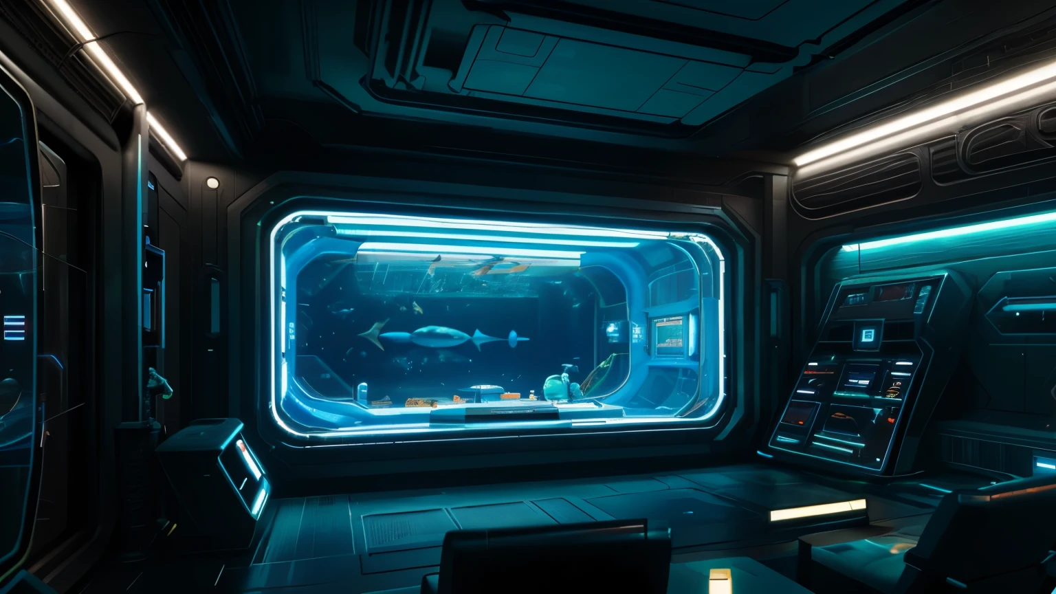 There are no people, Stand in a room with a large aquarium, science fiction art, science fiction art ], Greg Beeple, Science Fiction Concept Art, beeple and jean giraud, Depicted as a science fiction scene, Conceptual diagram | beep, Deep Sea Cyberpunk, Conceptual diagram. 8K., beep. surrealism, science fiction art