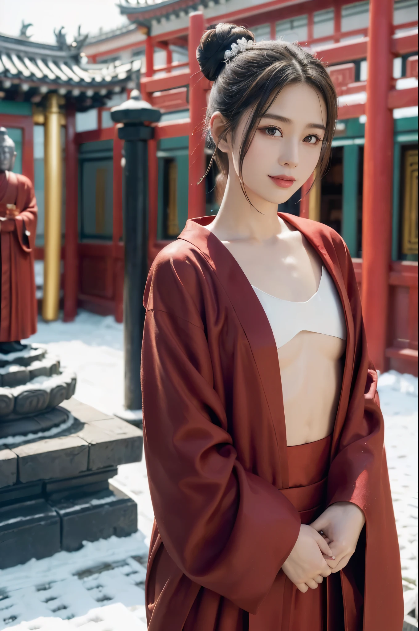 ((((8k))),((Extremely meticulous CG)) ,(wallpaper),16k,((Extremely refined and beautiful)),(((Masterpiece))),(((best qualtiy))),(((Ultra High Resolution))),beautiful light up,Perfect lightning,realistic shaded,[A high resolution],(Smooth and flawless fair skin:1.5),(pale skin:1.3),Extremely exquisite facial details,(perfect body:1.1),ultra-detailed,A beautiful girl,Buddhist nun,(small head:1.2),(short ponytail:1.1),(bun hair:1.1),(small face:1.2),Exquisite makeup,(small breasts:1.2),(flat chests:1.2),(slim,thin),happy,(smile:1.2),(collar:1.2),(Gorgeous red robe:1.5),(hakama:1.2),(day scene:1.5),(outdoor:1.2),(In the courtyard of a Chinese Buddhist temple:1.5),(bright sunshine:1.2),(detailed background:1.5),(standing:1.3),(In front of the Buddha statue:1.3),(Put hands together devoutly:1.3),(full body:1.3),(from front:1.3),(Smoky:1.3),(surrounded by crowded crowds:1.5),(winter:1.2)