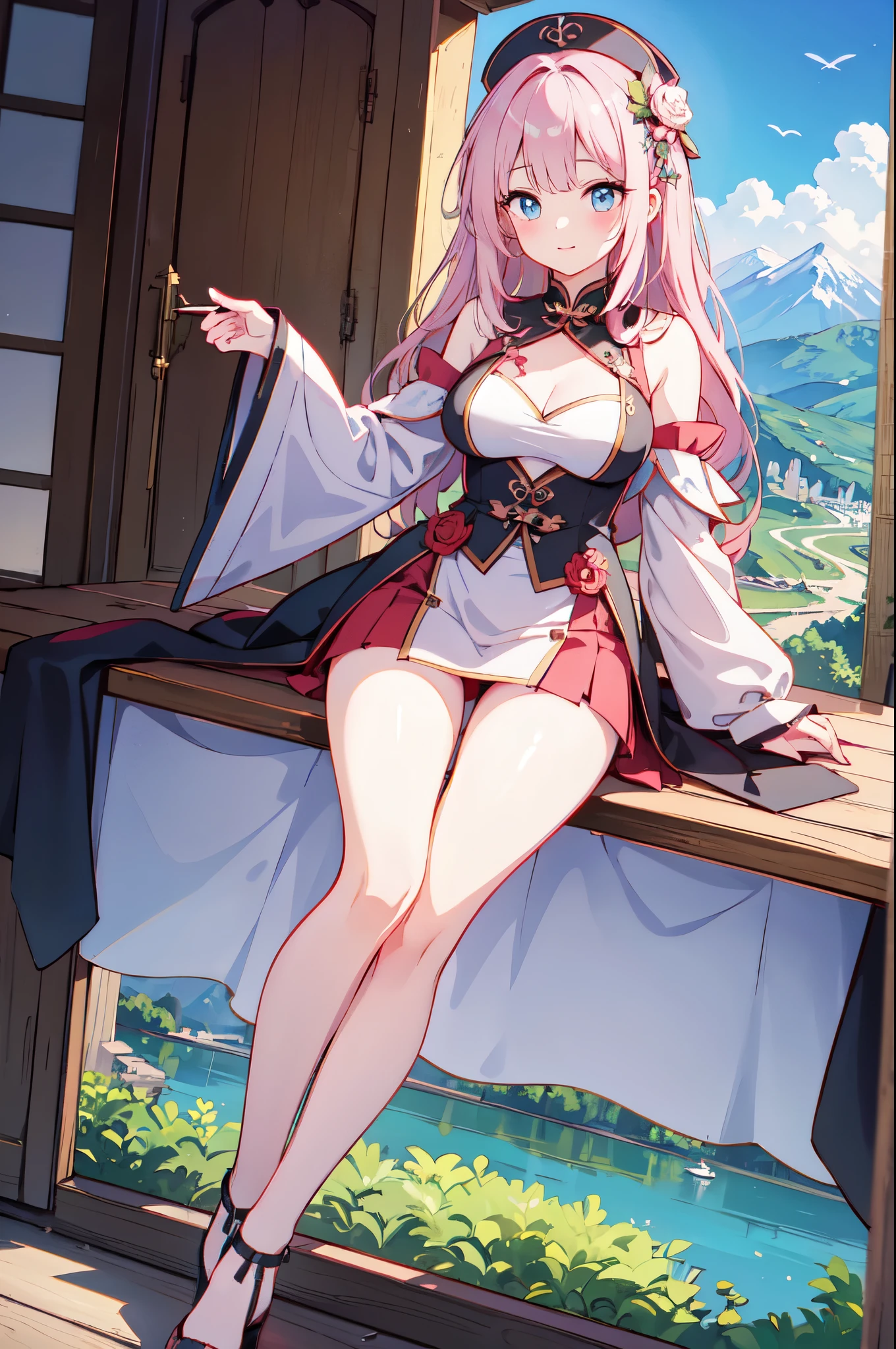 (masterpiece)、(highest quality)、((Super detailed))、(super delicate)、naughty chinese princess、pastel colored hair、beautiful breasts、Thighs、gorgeous mountain castle、Fantastic lake、Looking up from under your feet