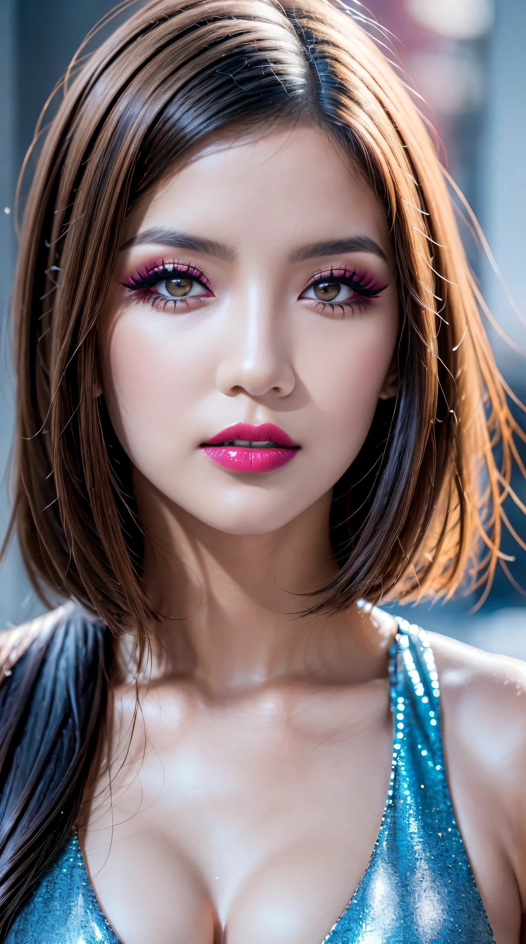 ((perfect round eyes))、dressed, (photo realistic:1.5), (realistic:1.5), (smoother lighting:1.05), (increase cinematic lighting quality:0.2), 32K, (1girl:1.4) 28years old、fashion supermodel、realistic lighting, backlighting, light on face, ray trace, (brightening light:1.2), (Increase quality:1.1), (best quality real texture skin:1.4), ((finely detailed eyes)), finely detailed face, ((finely quality eyes)), (tired and sleepy and satisfied:0.0), ((face closeup:1.3)), (detailed lips:1.33)、(Detailed nose:1.2)、(Increase body line mood:1.1), (Increase skin texture beauty:1.18), ((small head: 1.4))、((slim face)), ((anatomically correct)), ((pink_makeup:1.25)), ((long_blue)_eyeliner:1.3), ((red_lipstick:1.3)), (perfect purple_eyeshadows:1.35), there a close up of a woman's ((eye with a digital rendering)), ((detailed makeup on eyes:1.3)), iridescent eyes, with professional makeup, vibrant eyes:1.2, ((Glamour, paparazzi taking pictures of her), (very complicated Extravagant street outfit), The attention to detail, Double eyelids, Wear an off-the-shoulder top, full bodyesbian，((White short hair:1.33)), ((brown_eyes:1.6)), contrast、 (dark shot:1.08)、 UHD, Extremely detailed, voluminetric warm lighting,