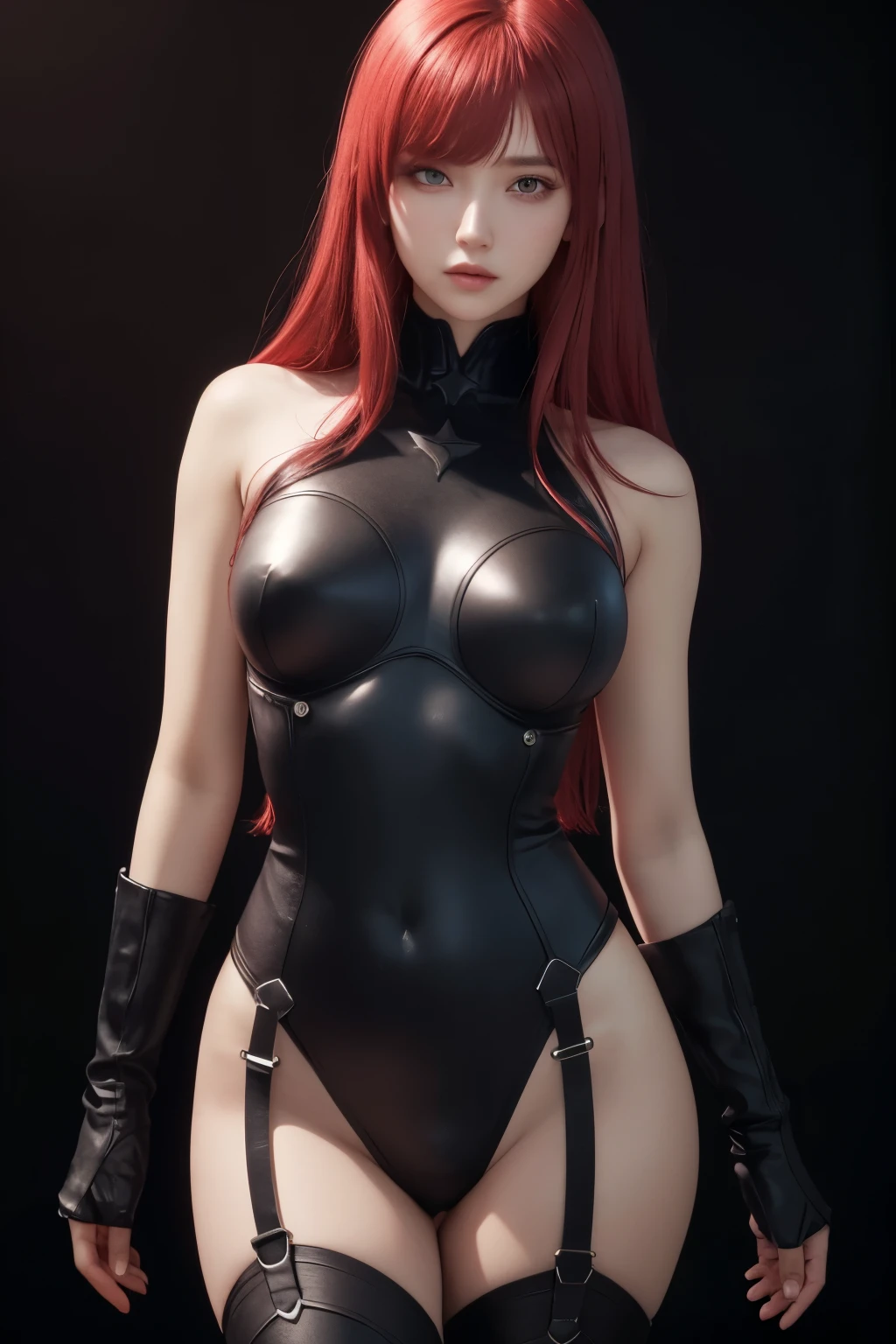 1 girl, (full body), star eye, blush, perfect lighting, Red hair, Red eyes, unreal engine, side lighting, detailed face, bang, bright skin, simple background, dark background, sexy, expression