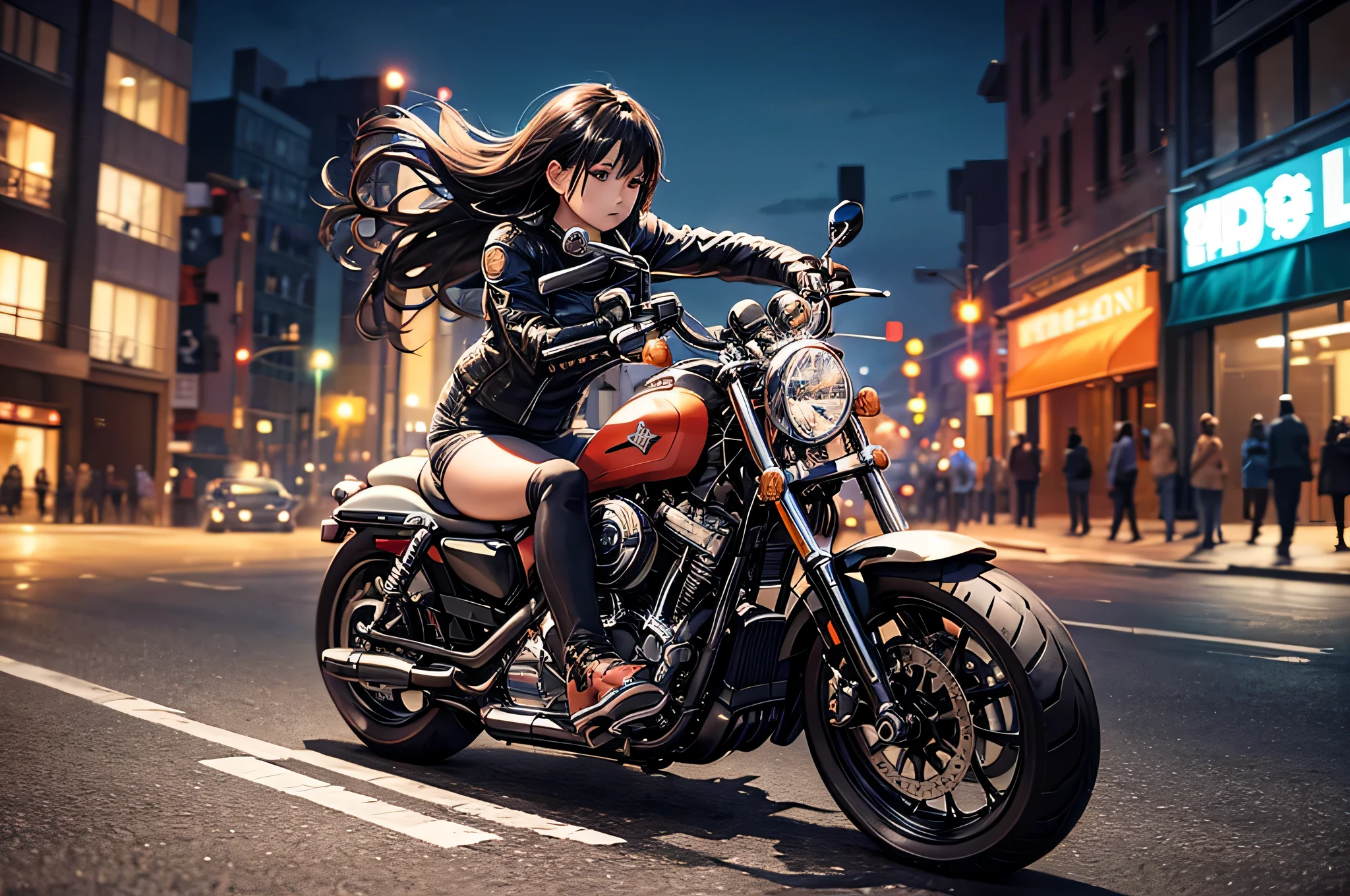 hight resolution、high-level image quality、in 8K、Real live-action、Raw photography、top-quality、masterpiece、masutepiece、(Soft Saturation:1)、(depth of fields:1.2)、(Ray traching:1.2)、dynamic camera angle、REAK、((during night)), city night view、Against the backdrop of a city、city night scene、Neon light、、heavy wind in hair、BREAK、Big white motorcycle speeding through the city at night、((big red bicycle:1.2))、BREAK、Young woman in red dress sitting on a big white motorcycle, Beautiful face、sexy Woman、white knee highs、(black boots:1.2、Draw the toes:1.2)、perfect hand、perfect foot、perfect ankles、Perfect toes、Perfect toes、Perfect toe tips、Perfect Heel:1.3、((Grasp the controller with both hands:1.2))、Grasp the controller with both hands、((Slouched))、Slouched:1.2、Slouched、put one'Upper body, Lower body:1.2、Motorcycle Rider、BREAK、Sit on the Harley Davidson Sportster, Riding the Harley Davidson sportster、How to ride Harley Davidson, (Draw left and right rearview mirrors:1.3)、Draw left and right rearview mirrors、headlights on、picture of a female biker, motorbike,Motorcycle displacement: Harley Davidson sportster、Harley Davison 、