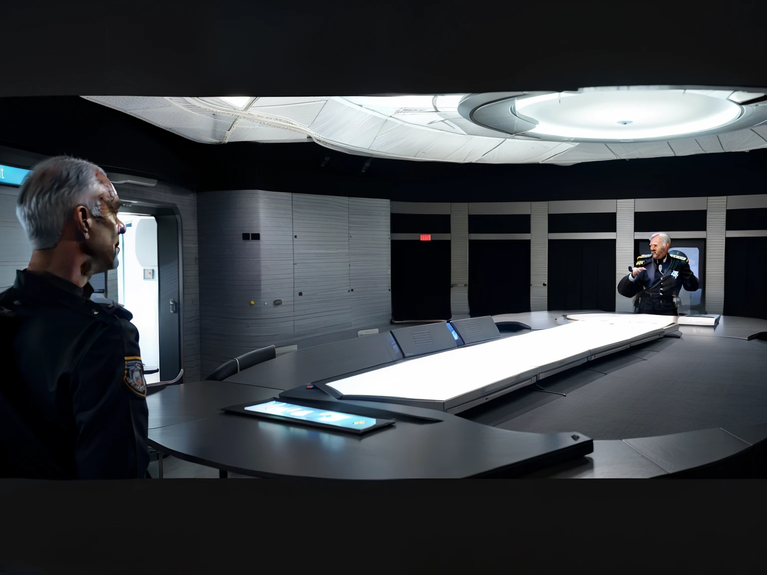 angry admiral, male human with gray hair in a black officers uniform, lecturing officer, hyper realistic, photo real