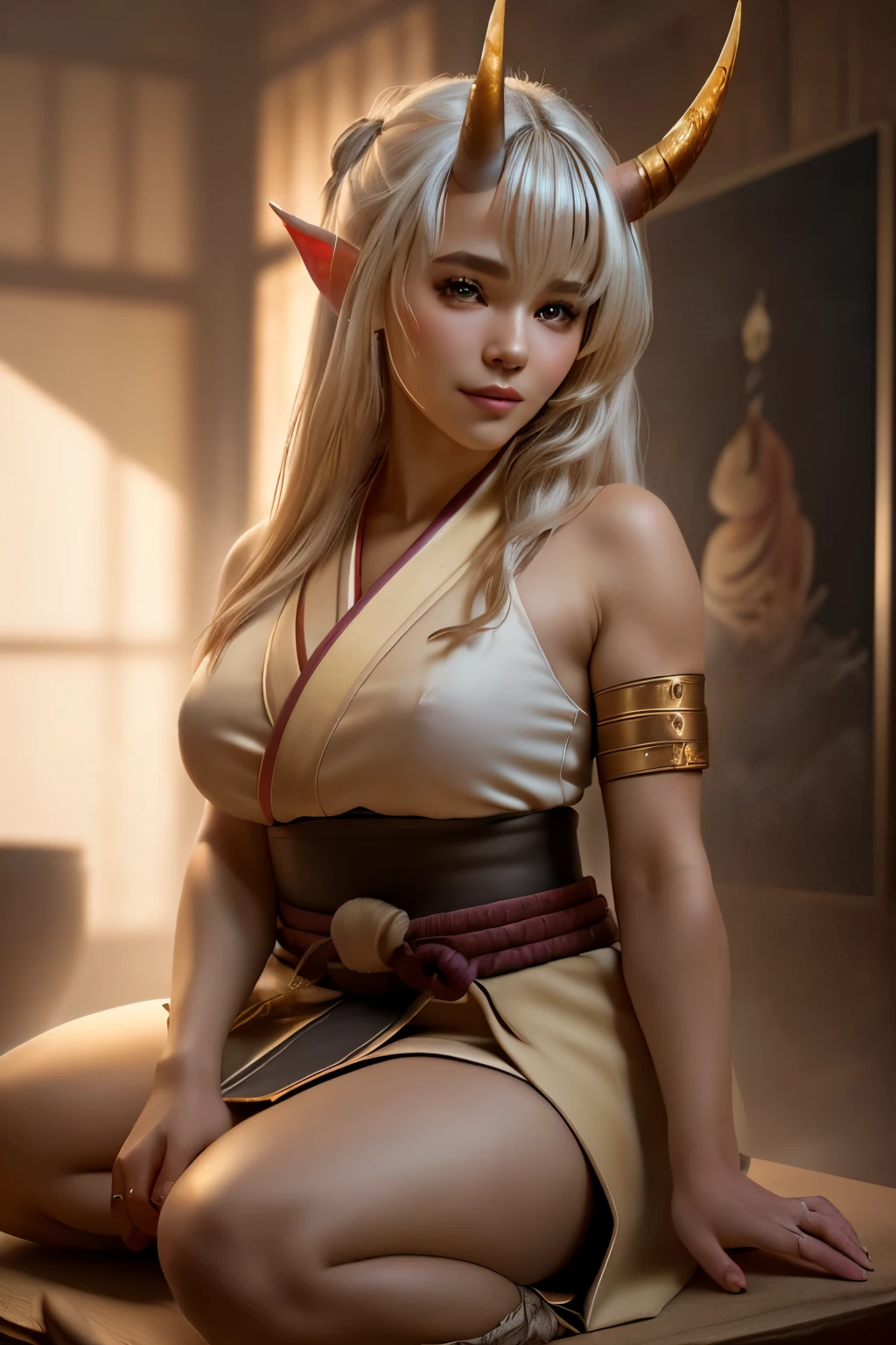 Numerous award-winning masterpiece, with incredible detail, textures and maximum detail), (hyper realistic:1.4), (full-body image:1.6),(beautiful female oni warrior:1.7),( sitting in seiza pose:1.7) (thick curvy and mature body yet muscular:1.5), (reddish fair skin tone:1.3), (wearing off shoulders kimono1.2), (2 long oni horns:1.44),(pointy ears)(white long hair blown by the wind:1.2) (wind effect) (best quality real texture skin), (finely detailed true circle eyes), (finely Detailed and beautiful face that is out of this world:1.6), (The challenging look of the proud warrior), (She has serious gaze in her eyes and a grin on her face:1.3), (Beautiful eyes that sparkle and shine), (Dramatic Light),(A majestic sight), (((dramatic photo))),(Sunny), ((dramatic pose)), (flamboyant photo), (golden hair), epic realistic, faded, art, (art station:1.5), cinematic, ((neutral colors)), (hdr:1.5), (muted colors:1.2), hyper detailed, dramatic light, (intricate details:1.1), complex background,