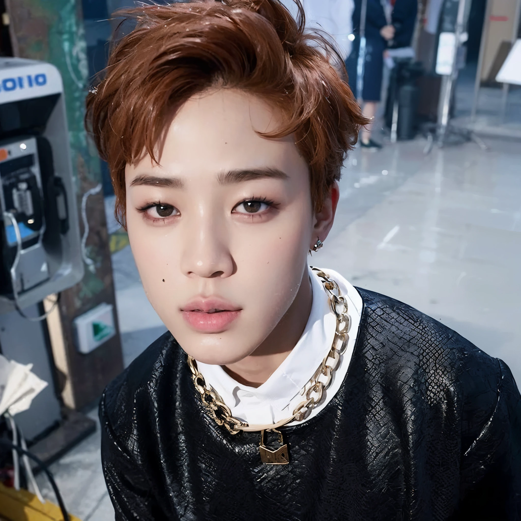 there is a young man with a chain around his neck, jimin\'s plump lips, jimin\'s grecian nose, jimin\'s right eyelid swollen, accurate jimin face, park jimin, jimin, hyung tae, hong june hyung, jossi of blackpink, portrait of kpop idol, portrait of jossi of blackpink, taejune kim, jung jaehyun