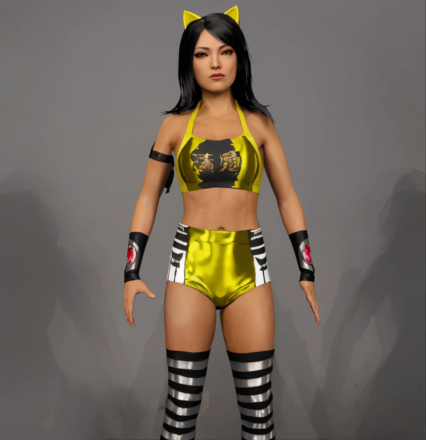 ((masterpiece, best quality)),asian woman with black hait  in shiny yellow asian wrestling tights and cat ears posing for a picture,silver and black leggings, black armband, black wristbands, dead or alive 6, katana zero video game character, fighter pose, fox nobushi, faye valentine, medium closeup, aggressive pose, daz 3d, daz 3 d, daz3d, render of mirabel madrigal, mma southpaw stance, photo realistic, intricate details
