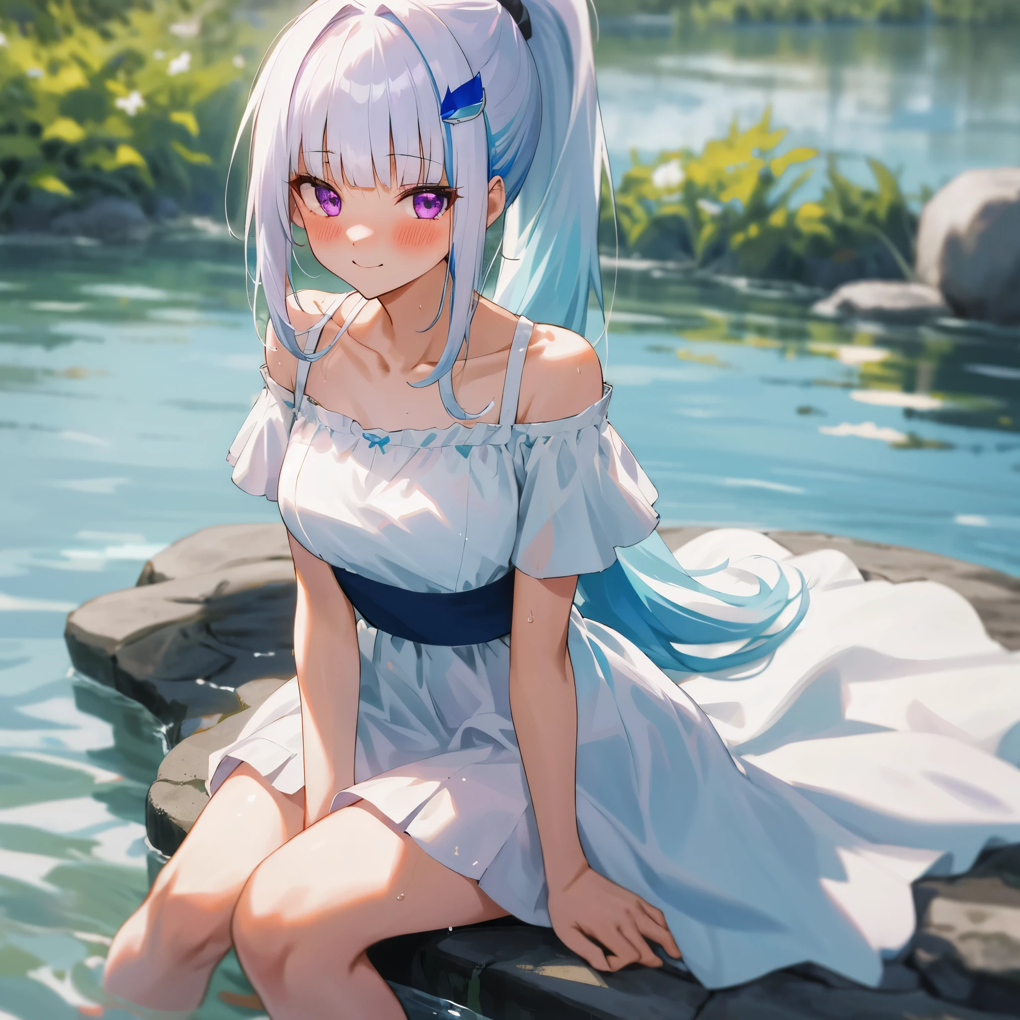 One girl with high ponytail hair, blunt bangs, white hair, blue inner hair:1.25) , purple eyes, looking at viewer, blushing, little smile, outdoor, wet, sit and soak in the water, sitting, white dress, bare shoulders, collarbone, short sleeves, bare legs, mid-chest, day atmosphere, hair ornament, medium breasts, focus, blurry background, 