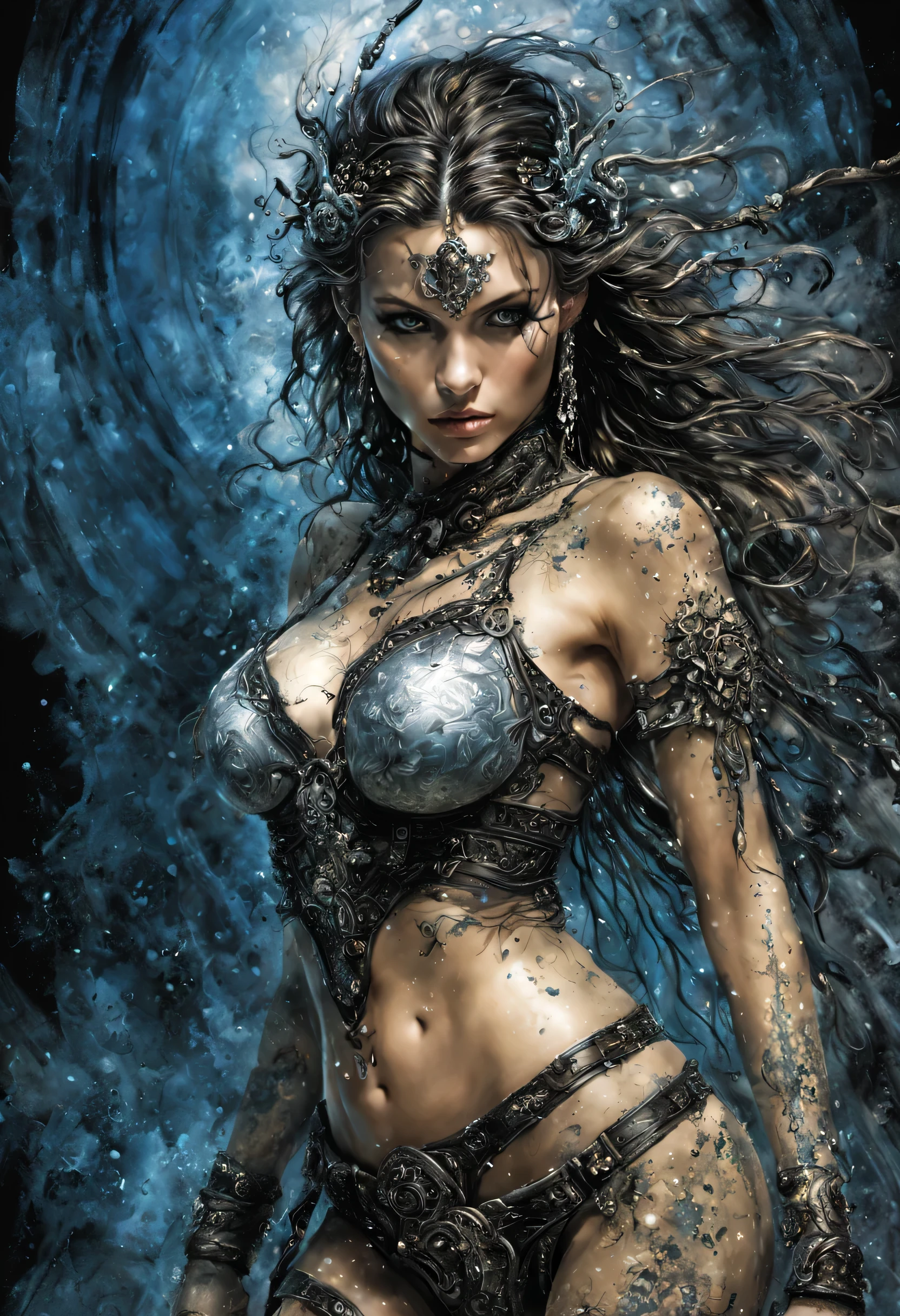 Gorgeous woman in a fantasy world, Luis Royo, Colored ink splashes, Biopunk Fantasy, super realism with super detail in 32K, divine proportions, complex and cinematic, with stunning atmosphere and high detail, fantastic realism and sharp focus, mysterious filigree elements, Luminous accents, perfect composition against a complex background, Super fresh, 3d, atmospheric, very thin, a breathtaking surreal masterpiece.