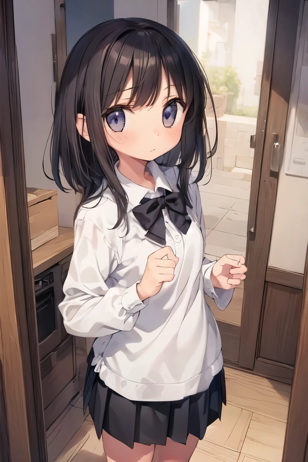 (white shirt:1.2)、black straight hair