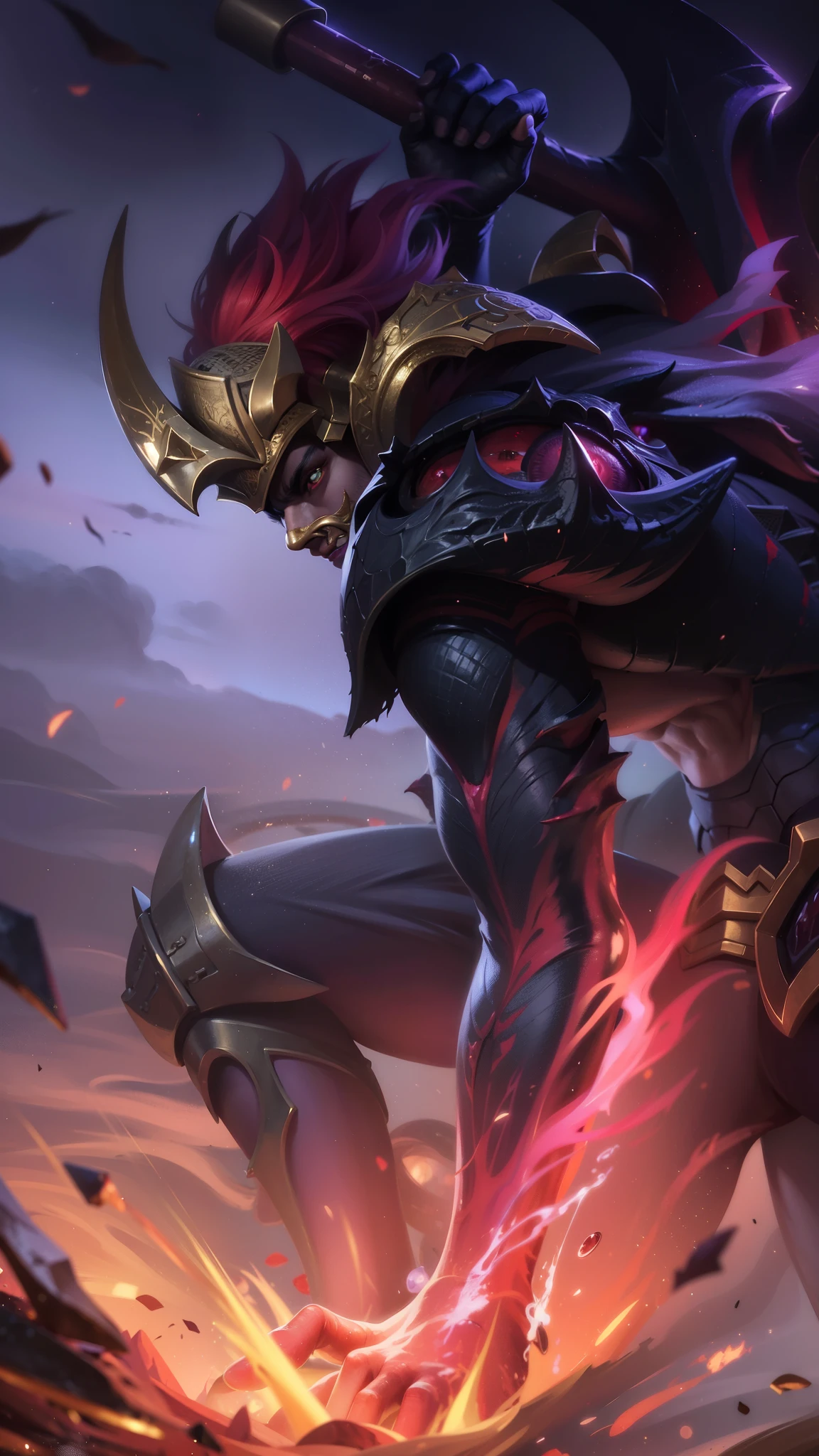 masculine male, masterpiece, ((perfect eyes)) best quality, (semirealism:1.9), beautiful lighting, (extremely detailed CG unity 4k fhd wallpaper), High Detail, Sharp focus, dramatic outdoors, red short hair, Boy with two big horns, red eyes, Thick eyebrows, evil smile, grinning, red body, Burning skin, yellow diamonds glistening on chest, burning red skin, golden robe behind, big white belt, 8k, realistic, scary, strong red eye glow (red eye:1.2), a close up of a person on a horse with a fire, official splash art, splash art, painted portrait of mordekaiser, league of legends splash art, league of legends splashart, league of legends concept art, league of legends art, iconic character splash art, 8 k hd wallpaperjpeg artifact, 8k hd wallpaperjpeg artifact, sword.