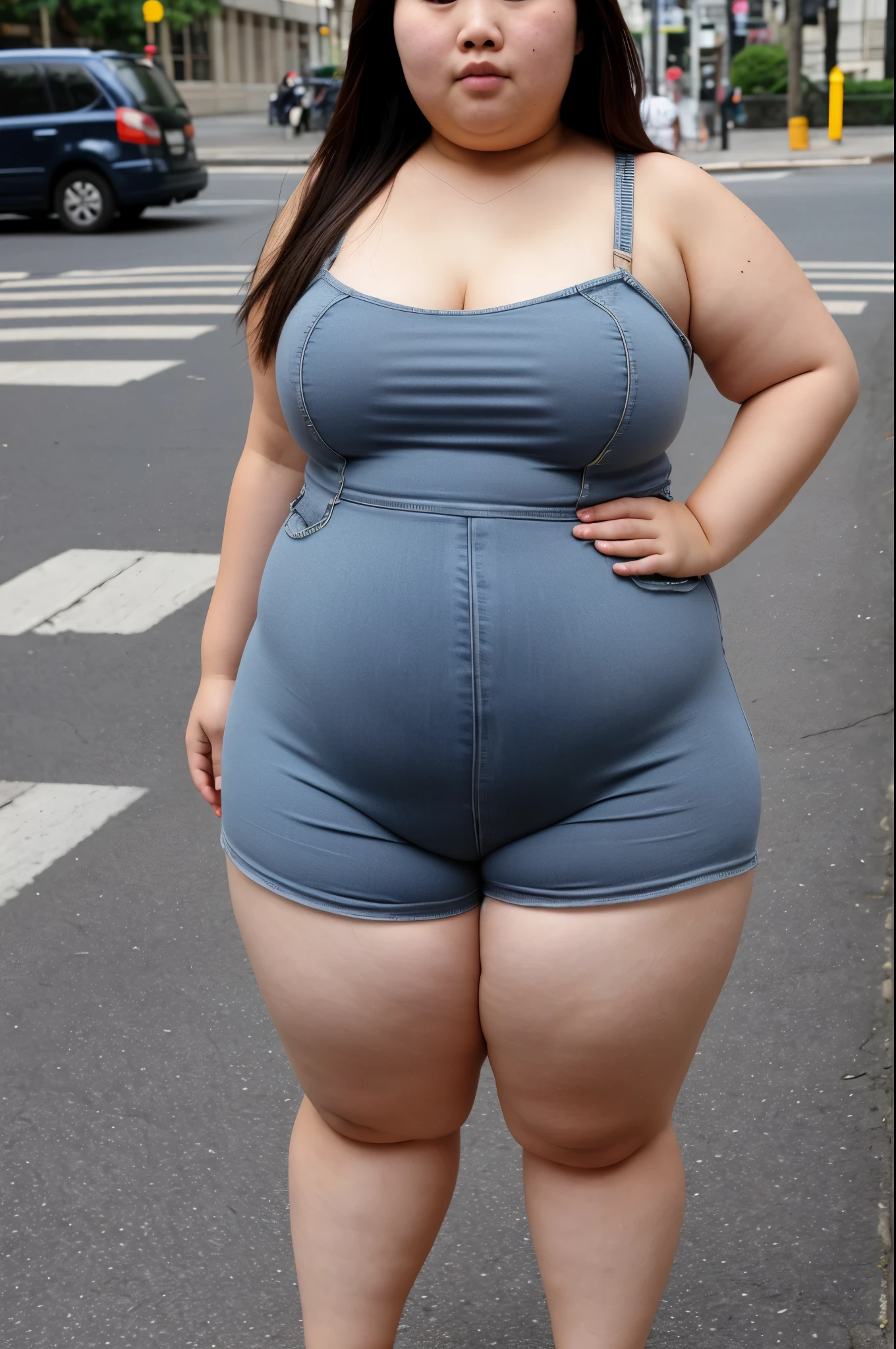 ultra high resolution, Are fat, girl, Asian, ugly face, chubby torso, chubby thighs, chubby legs, chubby below the knees, chubby arms, many pores, detailed skin texture, daytime, standing on the sidewalk, Full body shot