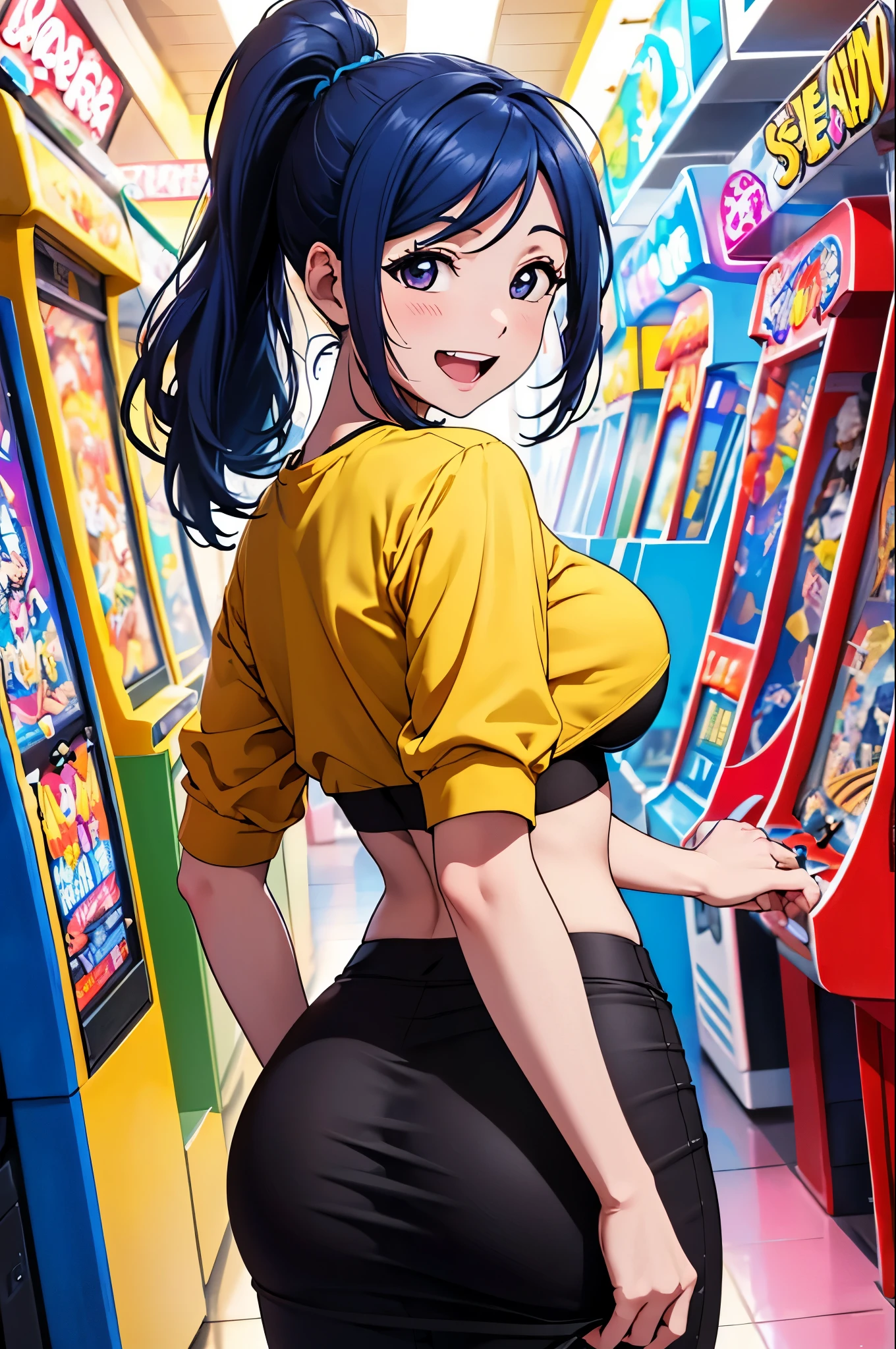 (best quality,4k,8k,highres,masterpiece:1.2), cowboy shot ,ultra-detailed, from behind, looking back,matsuura kanan, blue hair, ponytail , moist skin, ahoge, smile, energetic pose, open mouth, skinny pencil skirt,crop top ,big breasts, standing,in arcade hall