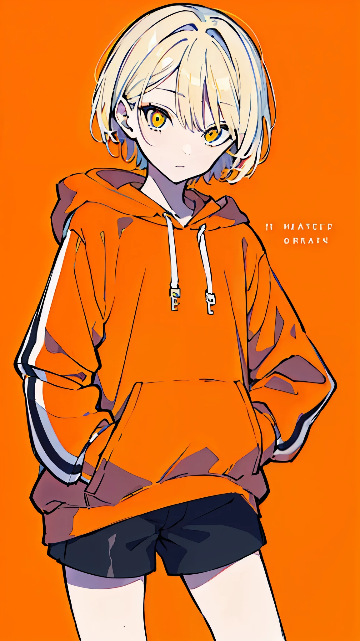 (masterpiece, highest quality:1.6), alone, thick outline, (simple background, bright orange background, monochrome, beautiful orange theme:1.2), official art, Key Visual, 8k, confused, whole body, (unique hair, oversized hoodie, hot pants, wearing a hood, arch back, short torso:1.2), belly button, thighs, cowboy shot, HDR, sharp focus, High resolution, most detailed, very detailed, Super detailed, finely, detailed eyes and face, sharp pupils, realistic student, alone, orange and white contrast ratio, alone, put one's hand in one's pocket