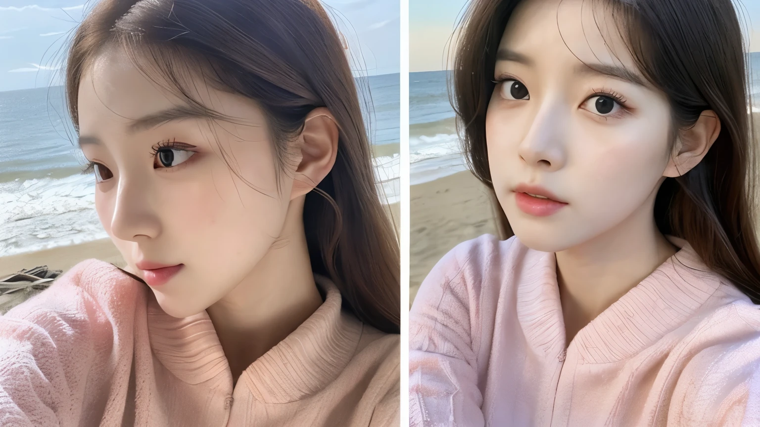 Korean ulzzang girl, aesthetic face, young face, porcelain skin and delicate lips, big eyes and long eyelashes, thin nose, thin face, white skin, Korean makeup, jang wonyoung, Irene red velvet, twice healthy, slim and slender body , long. and thin legs, sitting taking a selfie in horizontal format from afar on the hyper-realistic beach.