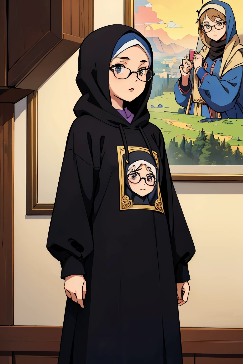 (Best quality:1.1), (Masterpiece:1.4), (Illustration fantastique:1.2), 1fille, cute girl, A 13-year-old girl, wearing an Arabic hijab, black patterned clothes, and eyeglasses, She wears a hoodie