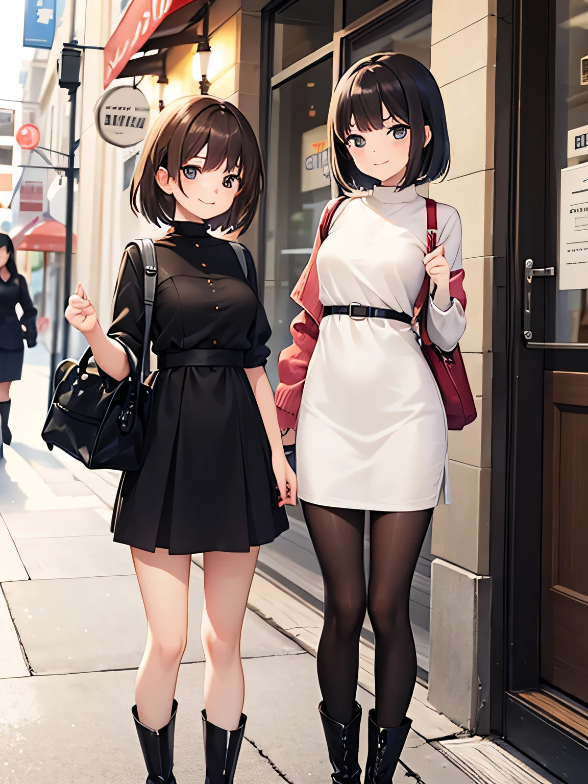 (1) Two women are standing in front of a stylish cafe.
(2) The first woman is a 17-year-old high school student with a childish appearance., short black hair, Wearing a mini dress and long boots.
(3) The second woman is a 22-year-old college student with a mature appearance., long brown hair, She is wearing a tight knit mini dress and long boots..
(4) two women smiling.
(5) The season is early autumn.