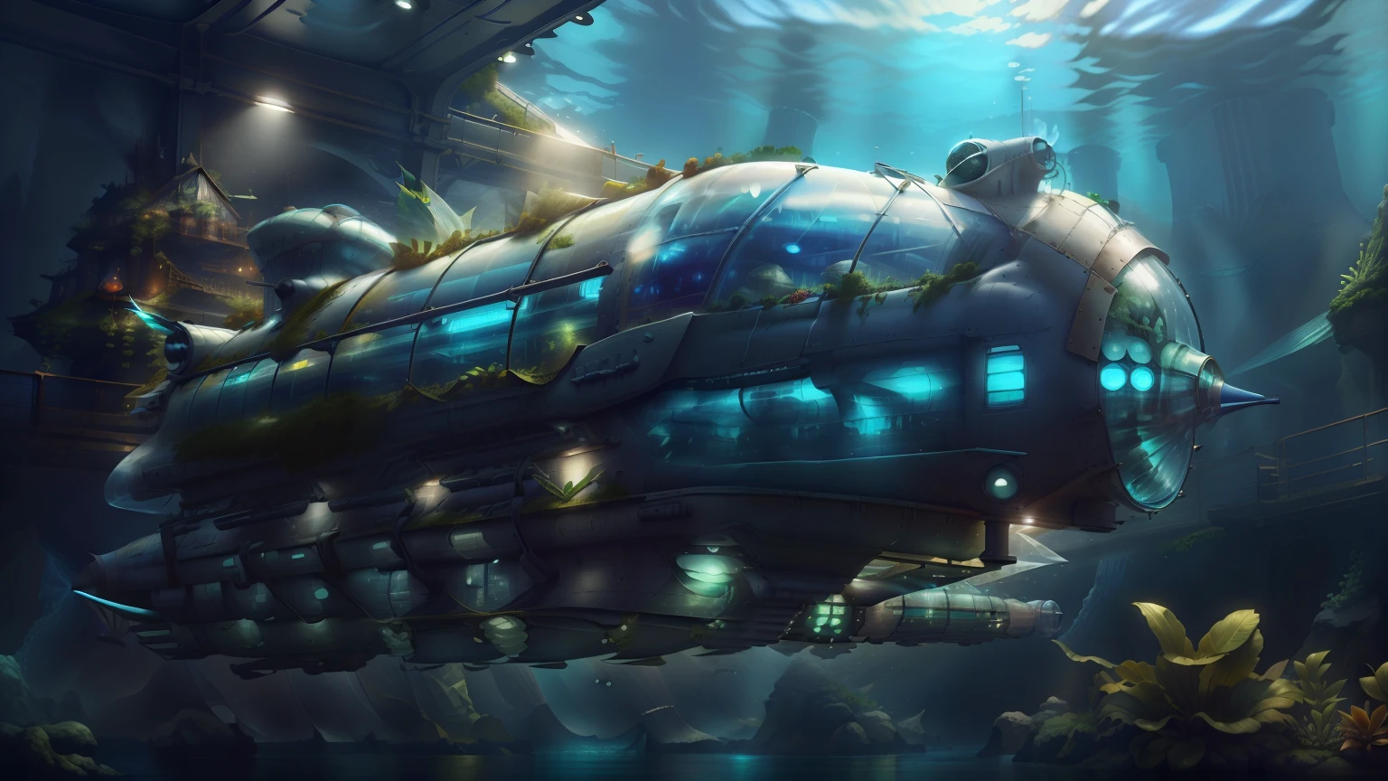 SolarpunkAI's Green Power , futuristic submarine, in water