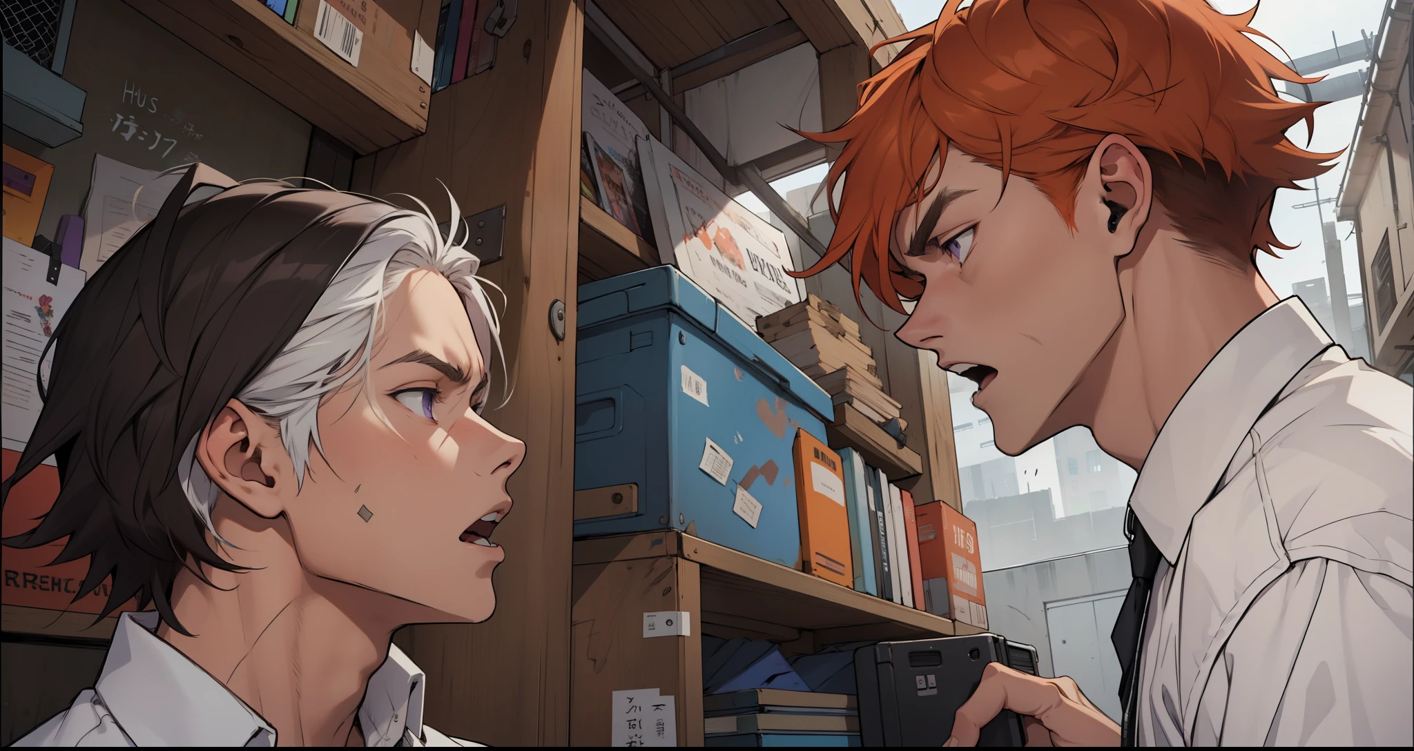 There are two 17-year-olds arguing, they are a little upset, one has white hair, the other has orange hair, and is serious. A 15-year-old boy argues with his friend, his hair is violet, yells at him, hits him in the face.