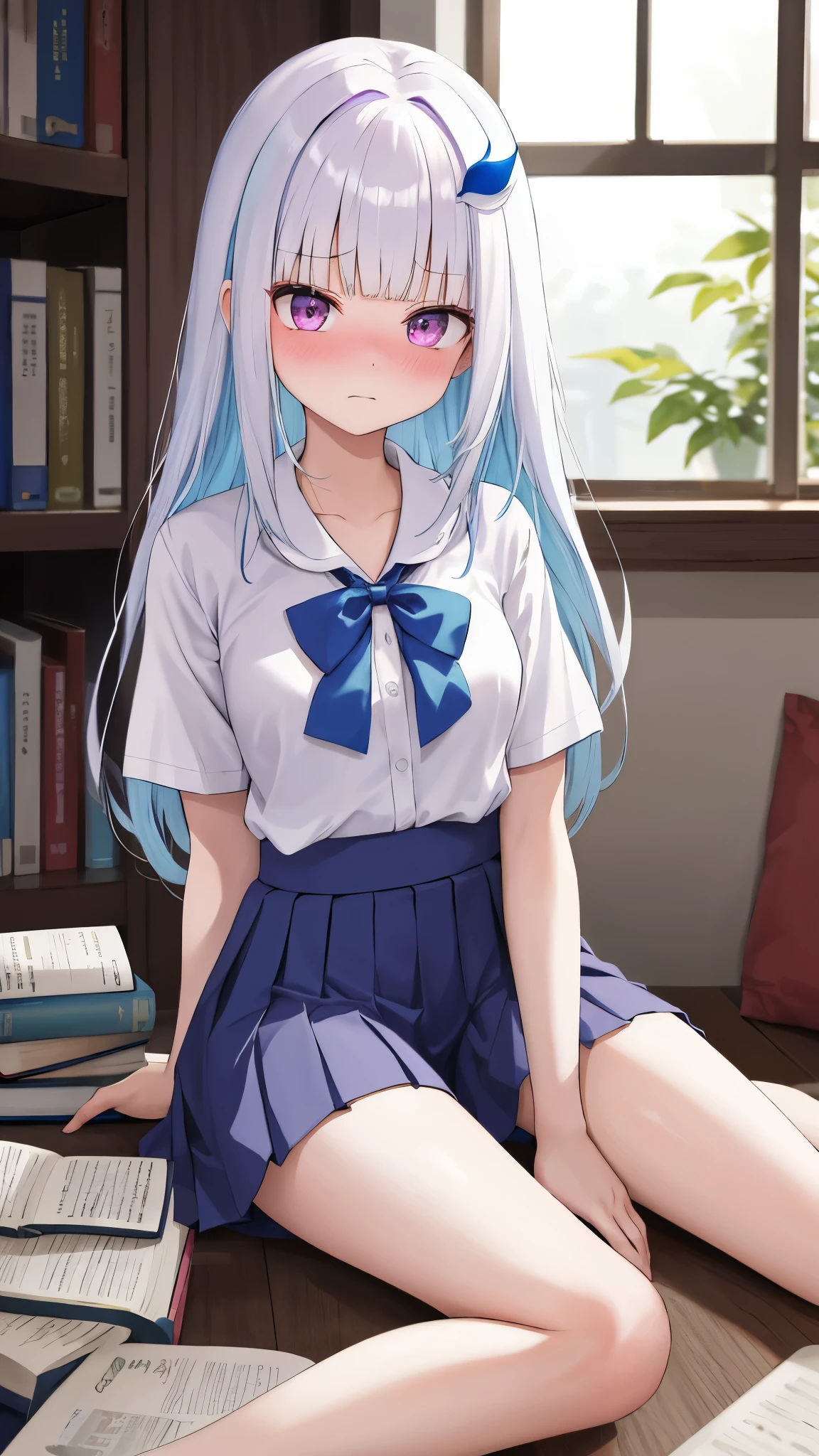 One girl with long hair, bangs, white hair, blunt bangs, (blue inner hair:1.25) , purple eyes, looking at viewer, blushing, -embarrassed:1.5), indoor, bookshelf, window, in floor, books spreads, spread legs, kneeling pose, sitting, white shirt, bowtie, pleated skirt, short sleeves, bare legs, mid-chest, day atmosphere, hair ornament, medium breasts, focus, blurry background, 