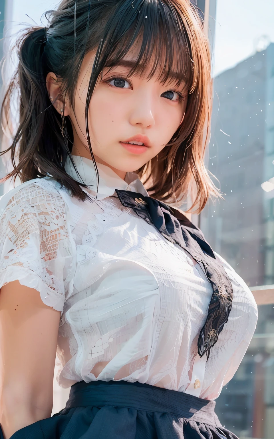 very detailed CG Unity 8K wallpapers、beste-Qualit、ultra hyper-detailed、шедевр、realisitic、Photo Real、extremely detailed cute girl、yrs、(skirt rift)、skirt lift by yourself、student clothes、Sailor Clothing、white panties、panties focus、{{gargantuan !!}}、Round chest、blushed、Parted lips、Watch your audience、Semi-body shot、Wearing a ruffled shirt、(see through shirts)、Large crowds、Crowded city、Soft light、nsfw