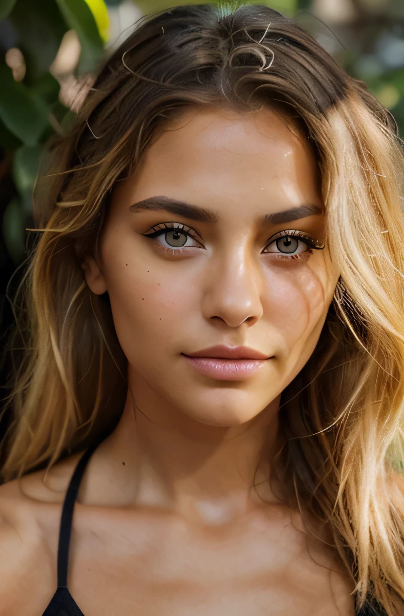 A photorealistic portrait of a insanely beautiful lightly tanned Israeli women, she has green eyes, black with shades of highlighted blonde hair, natural makeup, looking directly at the camera, portrait mode. her face is pointed directly at the camera no shadows on her face