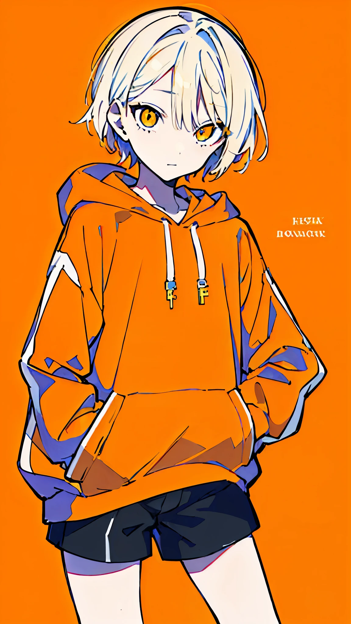 (masterpiece, highest quality:1.6), alone, thick outline, (simple background, bright orange background, monochrome, beautiful orange theme:1.2), official art, Key Visual, 8k, confused, whole body, (unique hair, oversized hoodie, hot pants, wearing a hood, arch back, short torso:1.2), belly button, thighs, cowboy shot, HDR, sharp focus, High resolution, most detailed, very detailed, Super detailed, finely, detailed eyes and face, sharp pupils, realistic student, alone, orange and white contrast ratio, alone, put one&#39;s hand in one&#39;s pocket