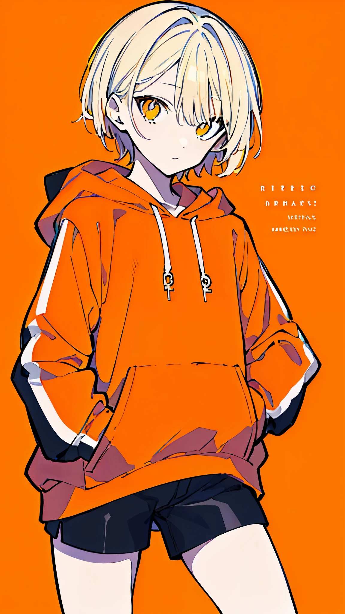 (masterpiece, highest quality:1.6), alone, thick outline, (simple background, bright orange background, monochrome, beautiful orange theme:1.2), official art, Key Visual, 8k, confused, whole body, (unique hair, oversized hoodie, hot pants, wearing a hood, arch back, short torso:1.2), belly button, thighs, cowboy shot, HDR, sharp focus, High resolution, most detailed, very detailed, Super detailed, finely, detailed eyes and face, sharp pupils, realistic student, alone, orange and white contrast ratio, alone, put one&#39;s hand in one&#39;s pocket