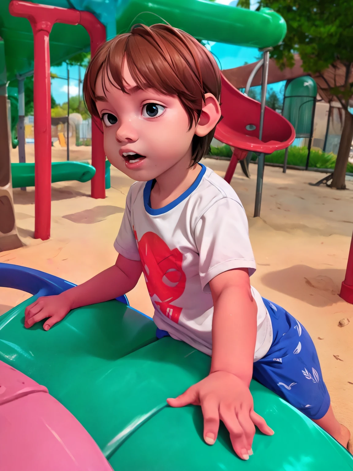 Cinematic Cartoon style. Comic art. TME0224 face, (((a baby boy, ***))) in a funny night, brown eyes. (((playground background))). cinematic lighting, drop shadow, masterpiece, UHD, anatomically correct, textured skin, super detail, high details, high quality, best quality, 4K