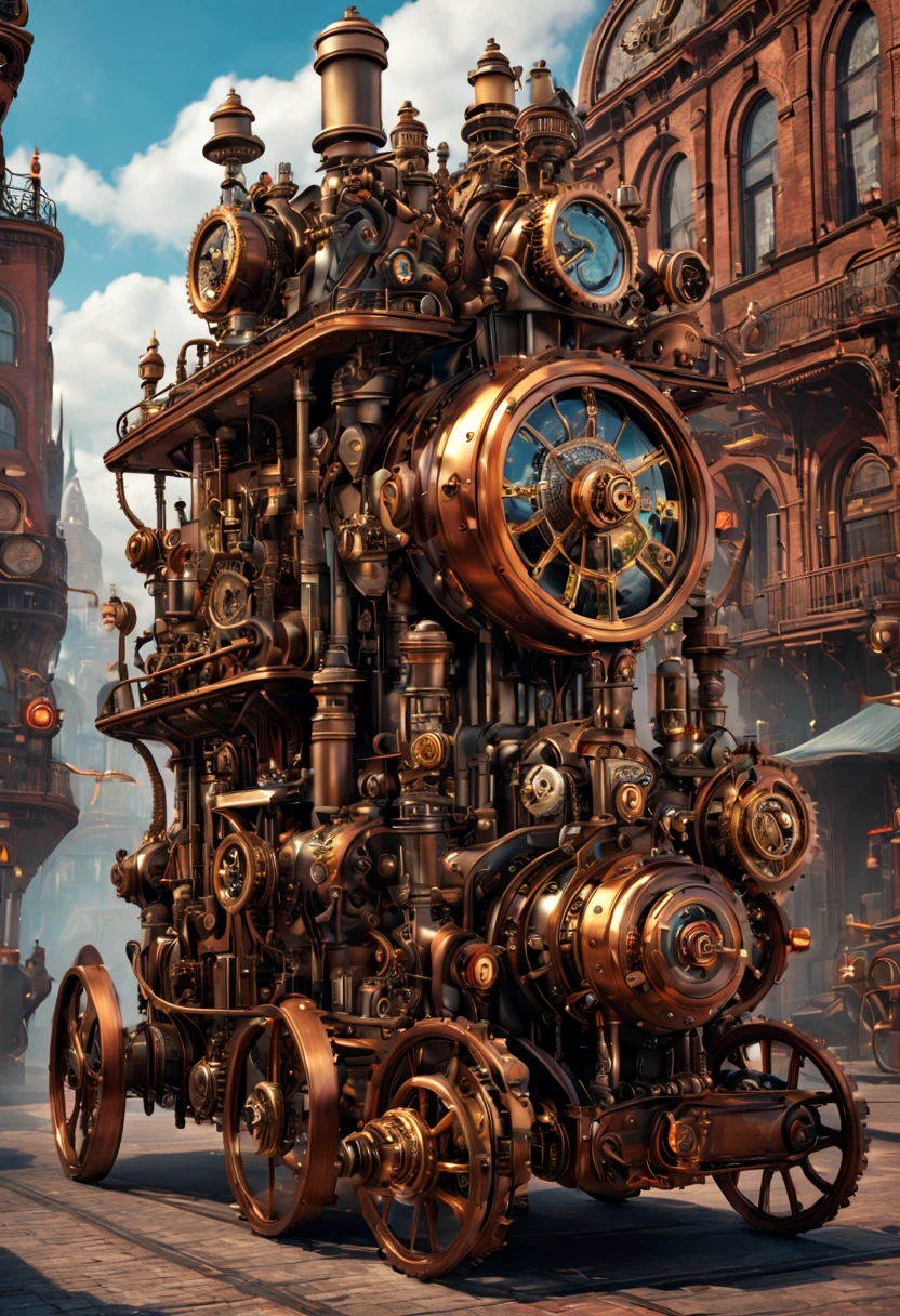 A custom steampunk vehicule, combining elements of Victorian design with retro-futuristic technology, set in a bustling city square of the steam era, detailed with cogs, gears, and stem pipes, vibrant colors, dynamic scene, high definition, high quality, 16k resolution