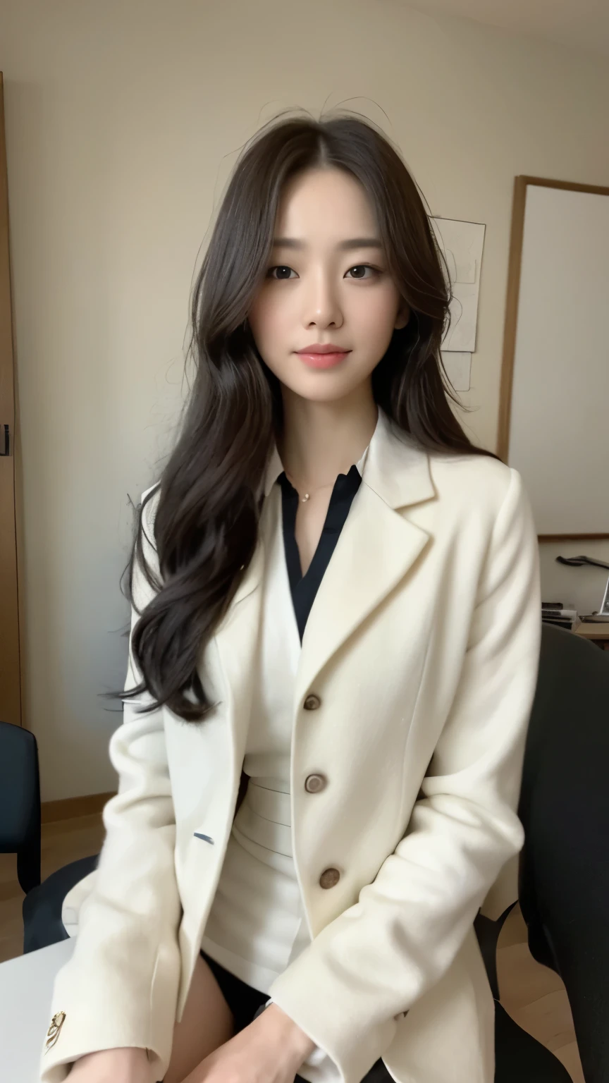 ((top-quality、8k、masterpiece:1.3))、Beautiful woman with perfect body:1.lim abdomen:1.2、Longhair, normal breighly detailed facial and skin texture, A detailed eye, delicate eyes, double eyelid, (smile), (full body shot), ((office)), (sitting on chair), (((wearing wwhite uniform with black coat)), looking in front