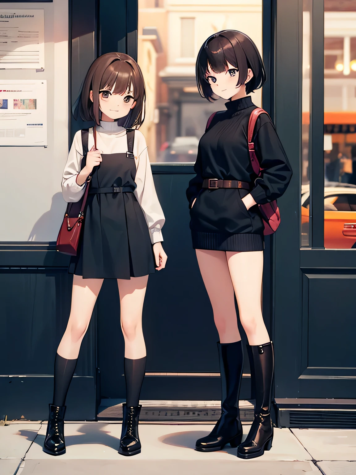 (1) Two women are standing in front of a stylish cafe.
(2) The first woman is a 17-year-old high school student with a childish appearance., short black hair, Wearing a mini dress and long boots.
(3) The second woman is a 22-year-old college student with a mature appearance., long brown hair, She is wearing a tight knit mini dress and long boots..
(4) two women smiling.
(5) The season is early autumn.