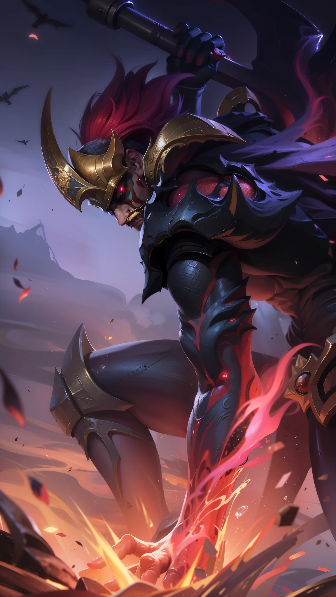 masculine male, masterpiece, ((perfect eyes)) best quality, (semirealism:1.9), beautiful lighting, (extremely detailed CG unity 4k fhd wallpaper), High Detail, Sharp focus, dramatic outdoors, red short hair, Boy with two big horns, red eyes, Thick eyebrows, evil smile, grinning, red body, Burning skin, yellow diamonds glistening on chest, burning red skin, golden robe behind, big white belt, 8k, realistic, scary, strong red eye glow (red eye:1.2), a close up of a person on a horse with a fire, official splash art, splash art, painted portrait of mordekaiser, league of legends splash art, league of legends splashart, league of legends concept art, league of legends art, iconic character splash art, 8 k hd wallpaperjpeg artifact, 8k hd wallpaperjpeg artifact, sword.