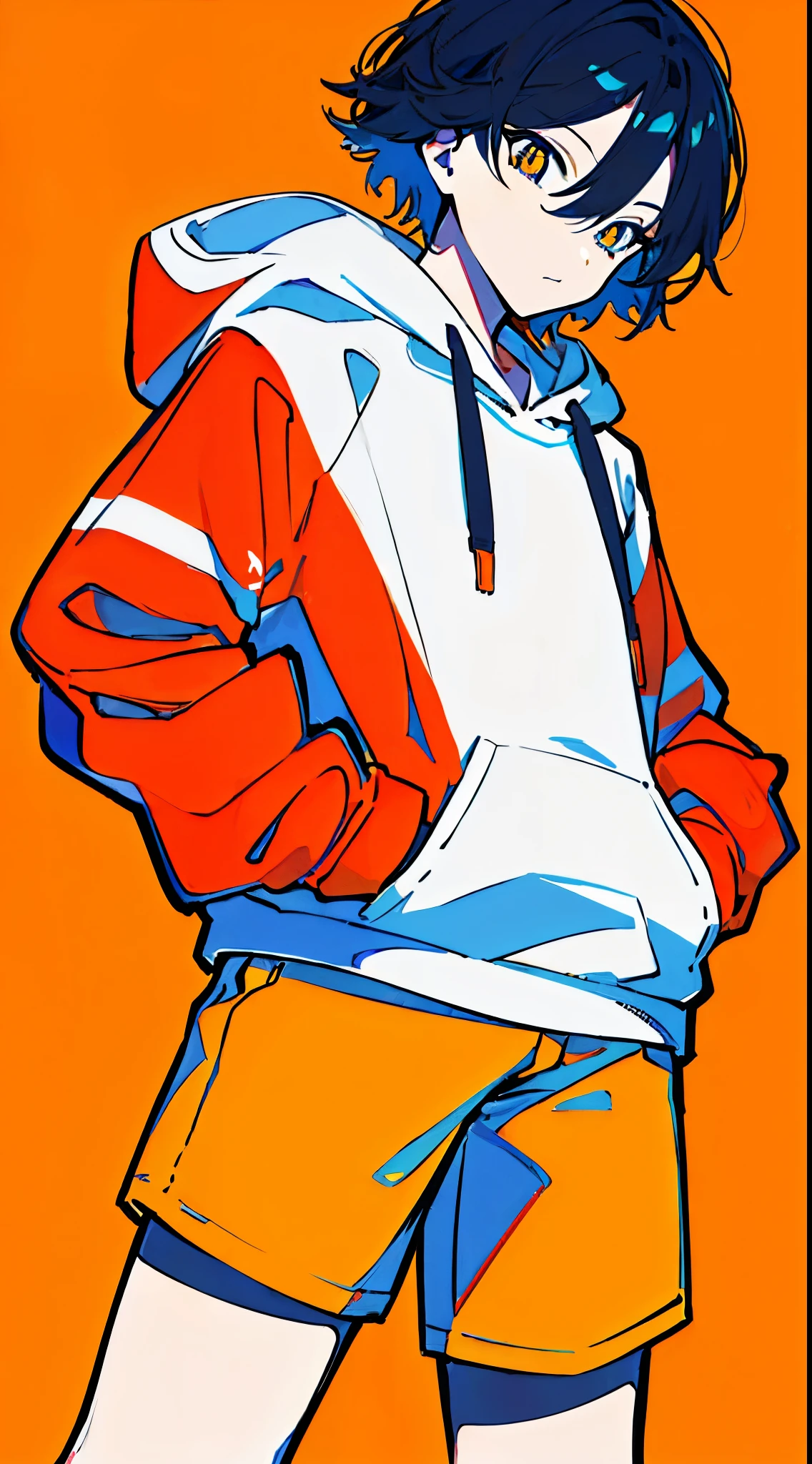 (masterpiece, highest quality:1.6), alone, thick outline, (simple background, bright orange background, monochrome, beautiful orange theme:1.2), official art, Key Visual, 8k, confused, whole body, (unique hair, oversized hoodie, hot pants, wearing a hood, arch back, short torso:1.2), belly button, thighs, cowboy shot, HDR, sharp focus, High resolution, most detailed, very detailed, Super detailed, finely, detailed eyes and face, sharp pupils, realistic student, alone, orange and white contrast ratio, alone, put one's hand in one's pocket