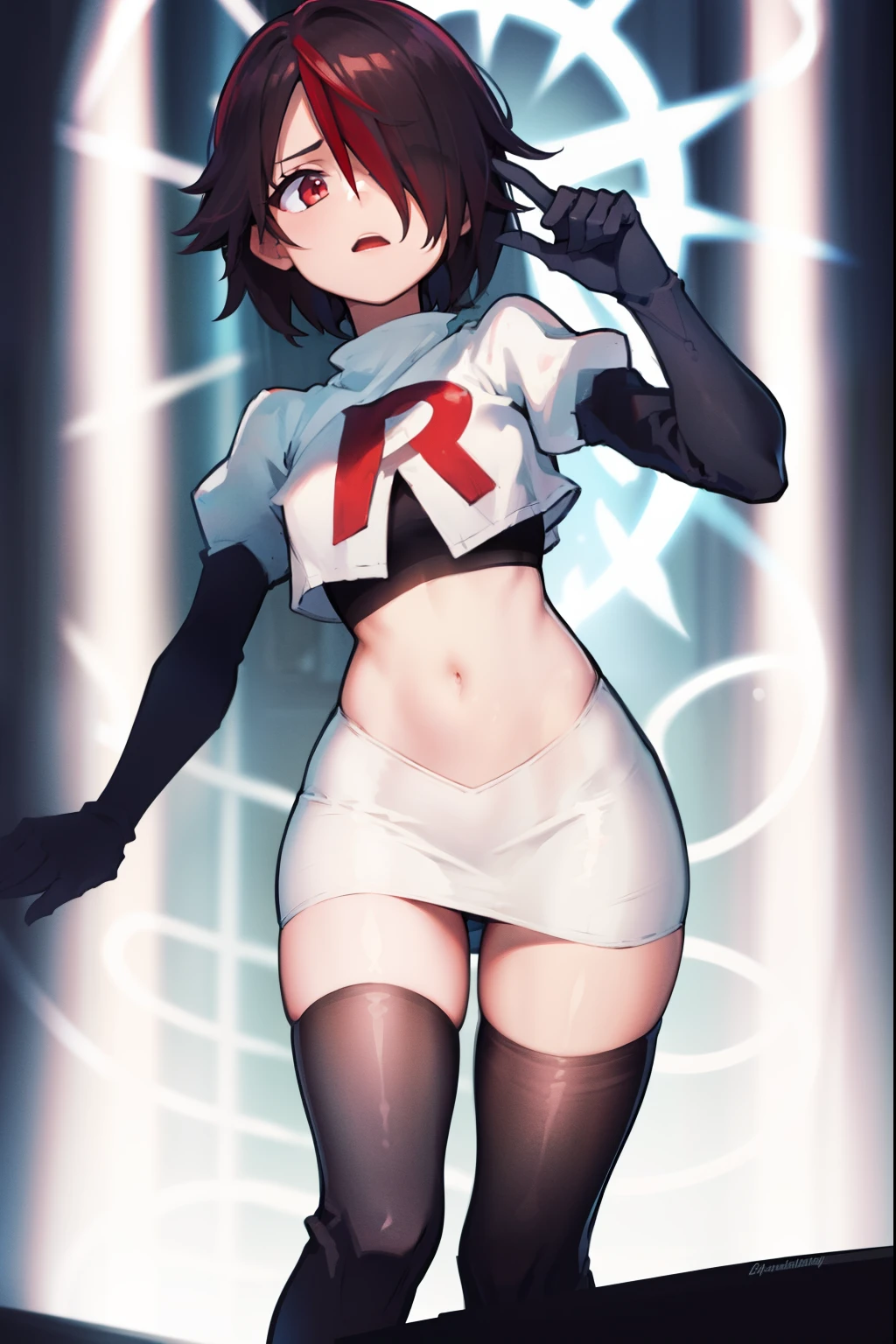 rosariarnd, hair over one eye,team rocket,team rocket uniform, red letter R, white skirt,white crop top,black thigh-highs,black elbow gloves