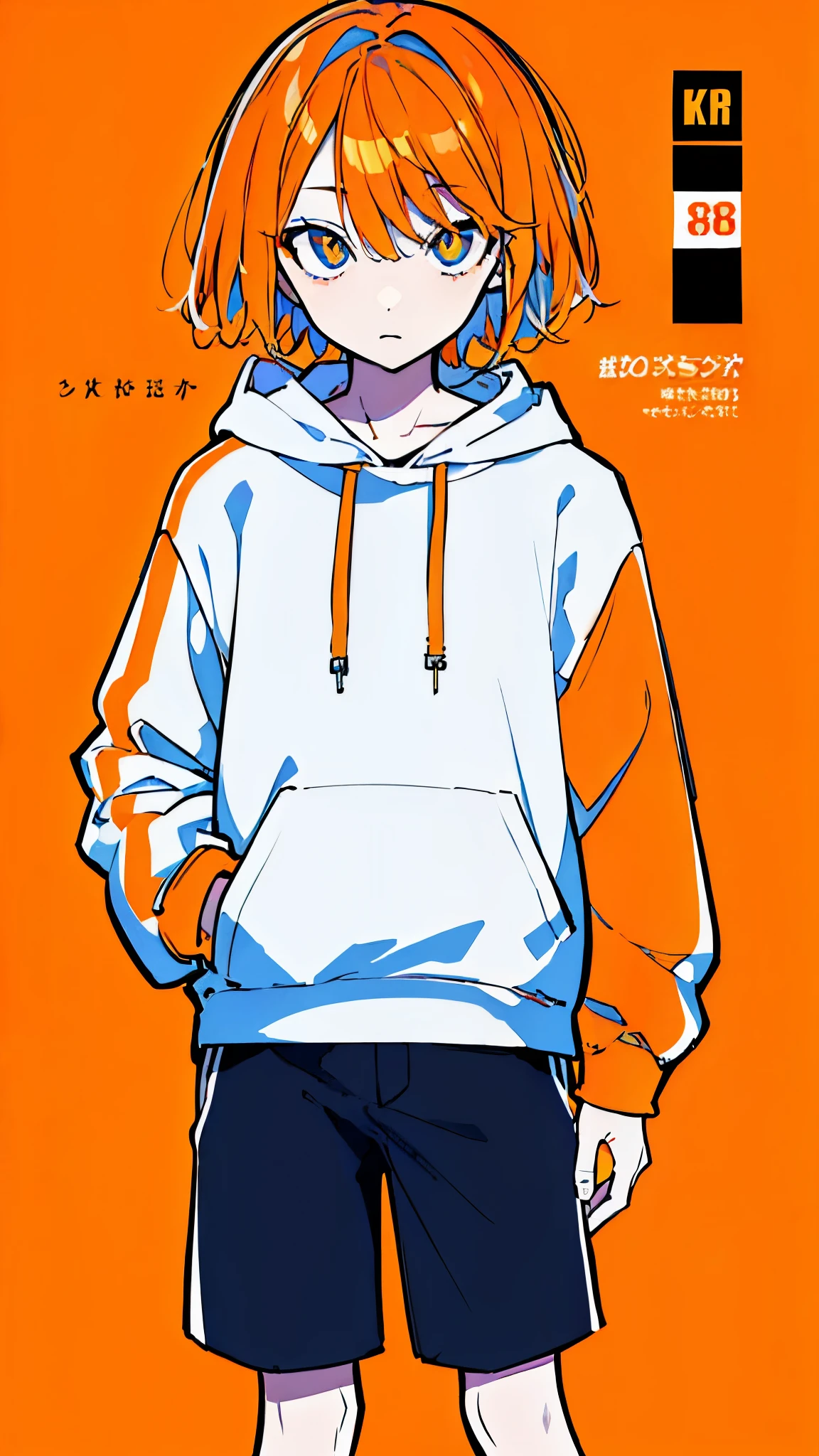 (masterpiece, highest quality:1.6), alone, thick outline, (simple background, bright orange background, monochrome, beautiful orange theme:1.2), official art, Key Visual, 8k, confused, whole body, (unique hair, oversized hoodie, hot pants, wearing a hood, arch back, short torso:1.2), belly button, thighs, cowboy shot, HDR, sharp focus, High resolution, most detailed, very detailed, Super detailed, finely, detailed eyes and face, sharp pupils, realistic student, alone, orange and white contrast ratio, alone, put one&#39;s hand in one&#39;s pocket
