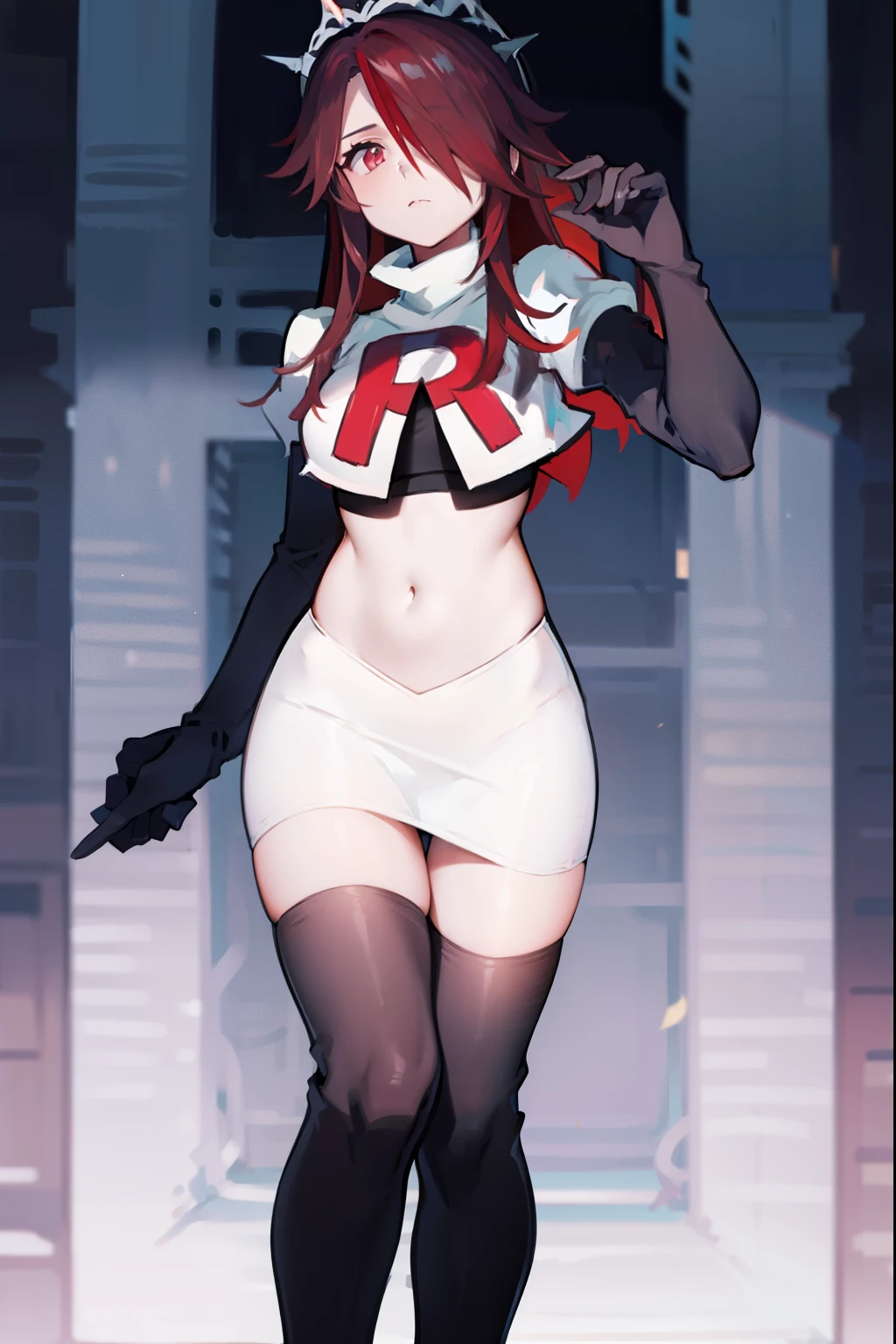rosariarnd, hair over one eye,team rocket,team rocket uniform, red letter R, white skirt,white crop top,black thigh-highs,black elbow gloves
