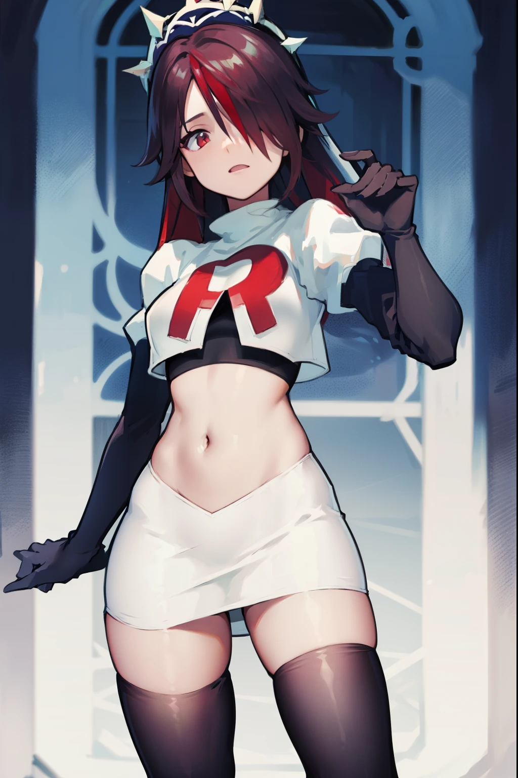 rosariarnd, hair over one eye,team rocket,team rocket uniform, red letter R, white skirt,white crop top,black thigh-highs,black elbow gloves