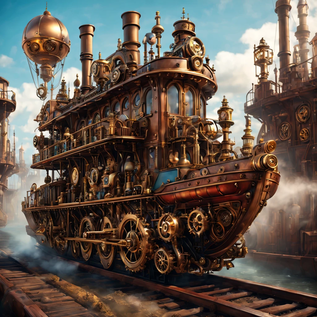 A custom steampunk boat, combining elements of Victorian design with retro-futuristic technology, set on the tracks with steam escaping, detailed with cogs, gears and pipes, bright colors, dynamic scene, high definition, high quality, 16k resolution