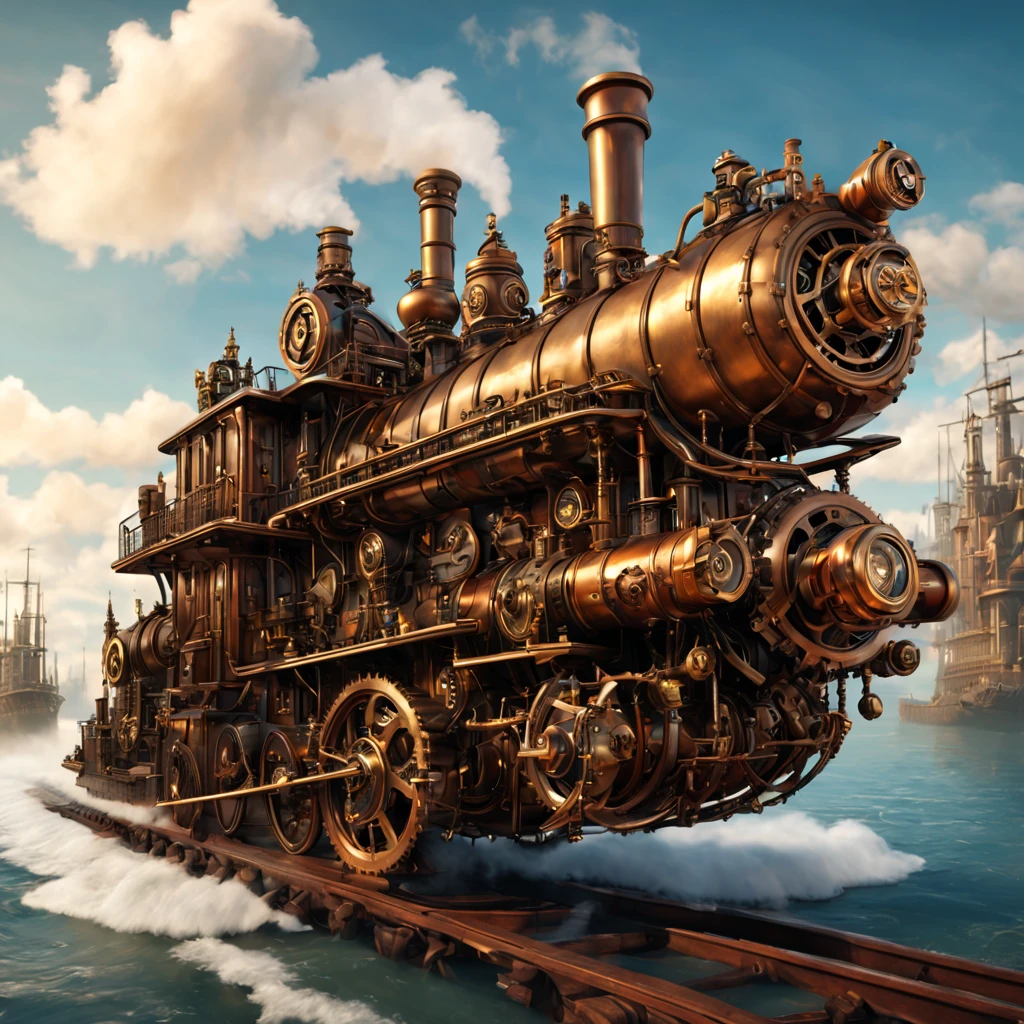 A custom steampunk boat, combining elements of Victorian design with retro-futuristic technology, set on the tracks with steam escaping, detailed with cogs, gears and pipes, bright colors, dynamic scene, high definition, high quality, 16k resolution