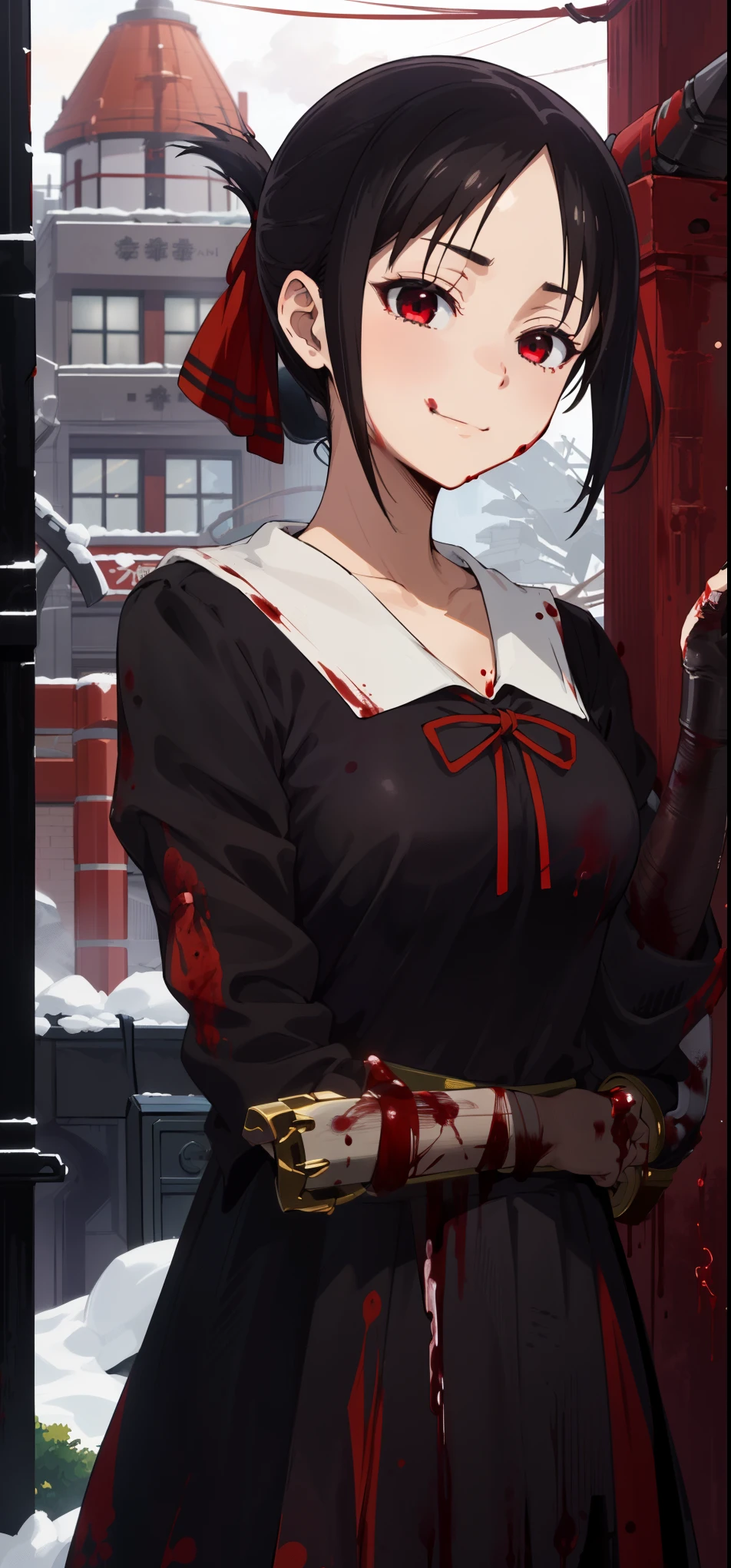 best quality, (masterpiece:1.2), detailed,
shinomiya kaguya,
1girl, solo, closed mouth, light smile,
black hair, red eyes, short hair, folded ponytail, hair ribbon, no sleeve, red ribbon,
standing, looking at the viewer, medium breasts,((upper body)), (((blood, evil, cruel girl, dominant))).