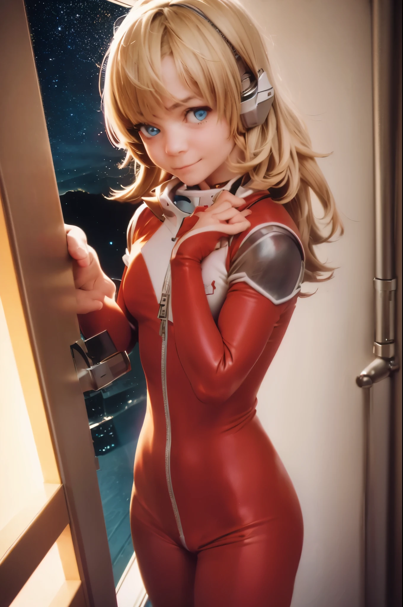(((Aerial view), dynamic angle, ultra detailed, illustration, close-up, straight, only 1 woman, ((interface headset, red suit: 1.4, blonde)),Her eyes shone like dreamy stars,(bright eyes:1,233 ),(beautiful and detailed eyes:1.1),(expressionless, closed mouth), back "jack O" pose, (standing), (mechanics room with tools and spaceship window on a white spaceship), (night:1.2),dreamy, [[delicate fingers and hands:0.55]::0.85],(detail of fingers)))
